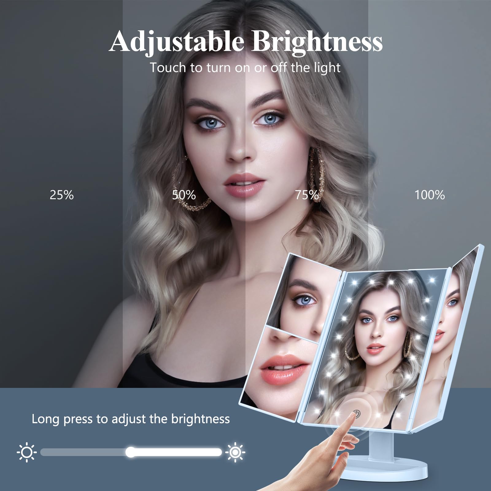 HUONUL Makeup Mirror, Vanity Mirror with Lights, 2X/3X/10X Magnification, Touch Control, Trifold, Dual Power Supply, Birthday Gifts for Women, Wife, Mom, Girls,Dorm Room Essentials