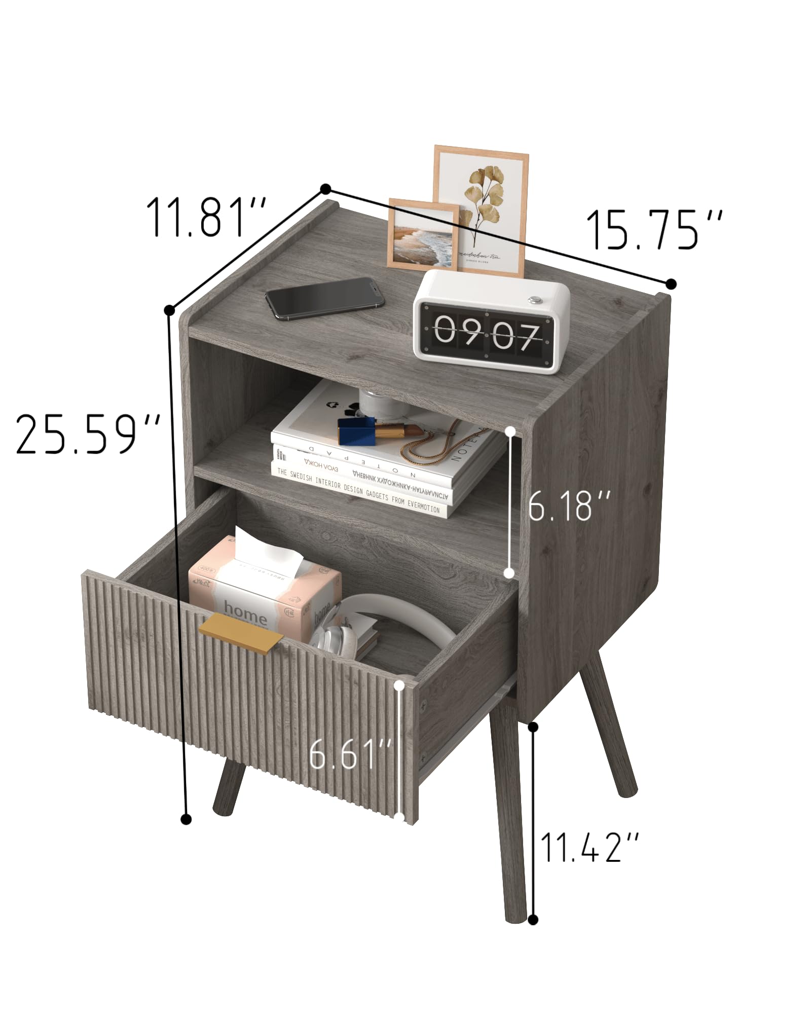 JOONEE Nightstand,Modern Bedside Table with Storage Drawer and Open Wood Shelf, for Living Room, Bedroom and Small Spaces, Accent Night Stand with Solid Wood Legs, Easy Assembly,Walnut Brown