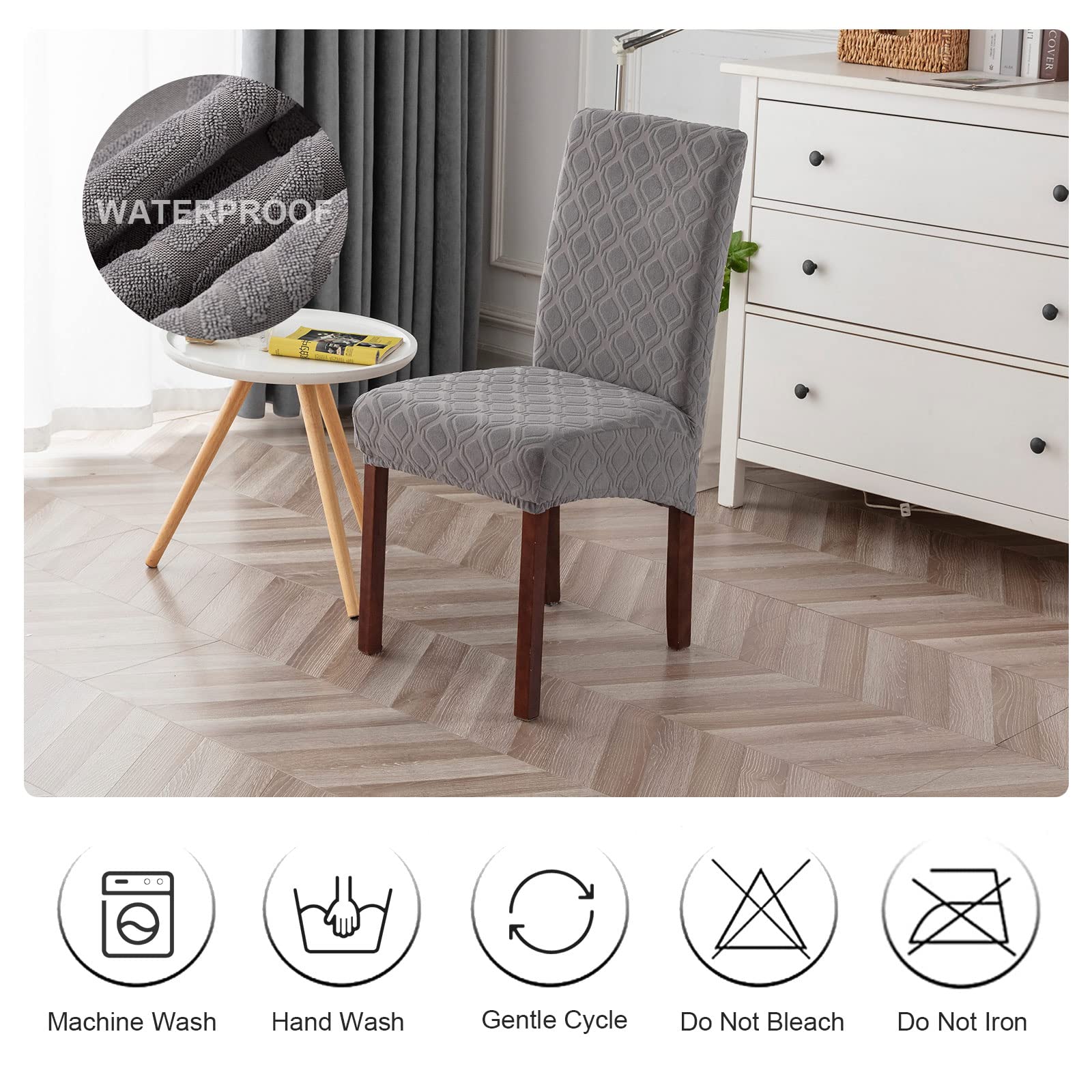 Genina 100% Waterproof Chair Covers for Dining Room Set of 4, Stretch Parson Chair Slipcovers for Kitchen Chairs, Washable Chair Protectors, Leaves-Warm Gray