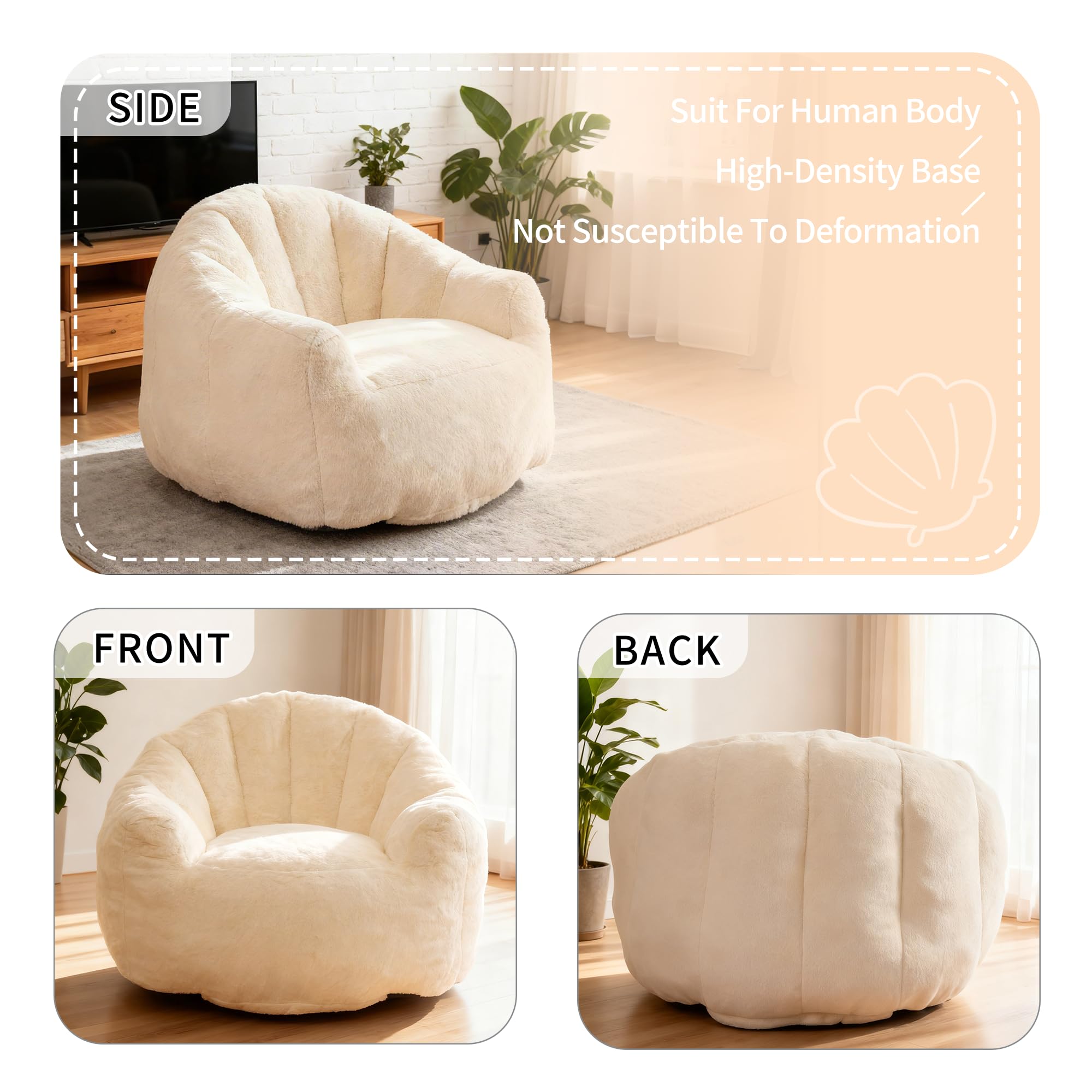 Bean Bag Chair, Giant Beanbag Chiars for Adults, Faux Fur Shell-Shaped Floor Sofa with Filler, Comfy Chair for Reading, Gaming and Relax (Grey)
