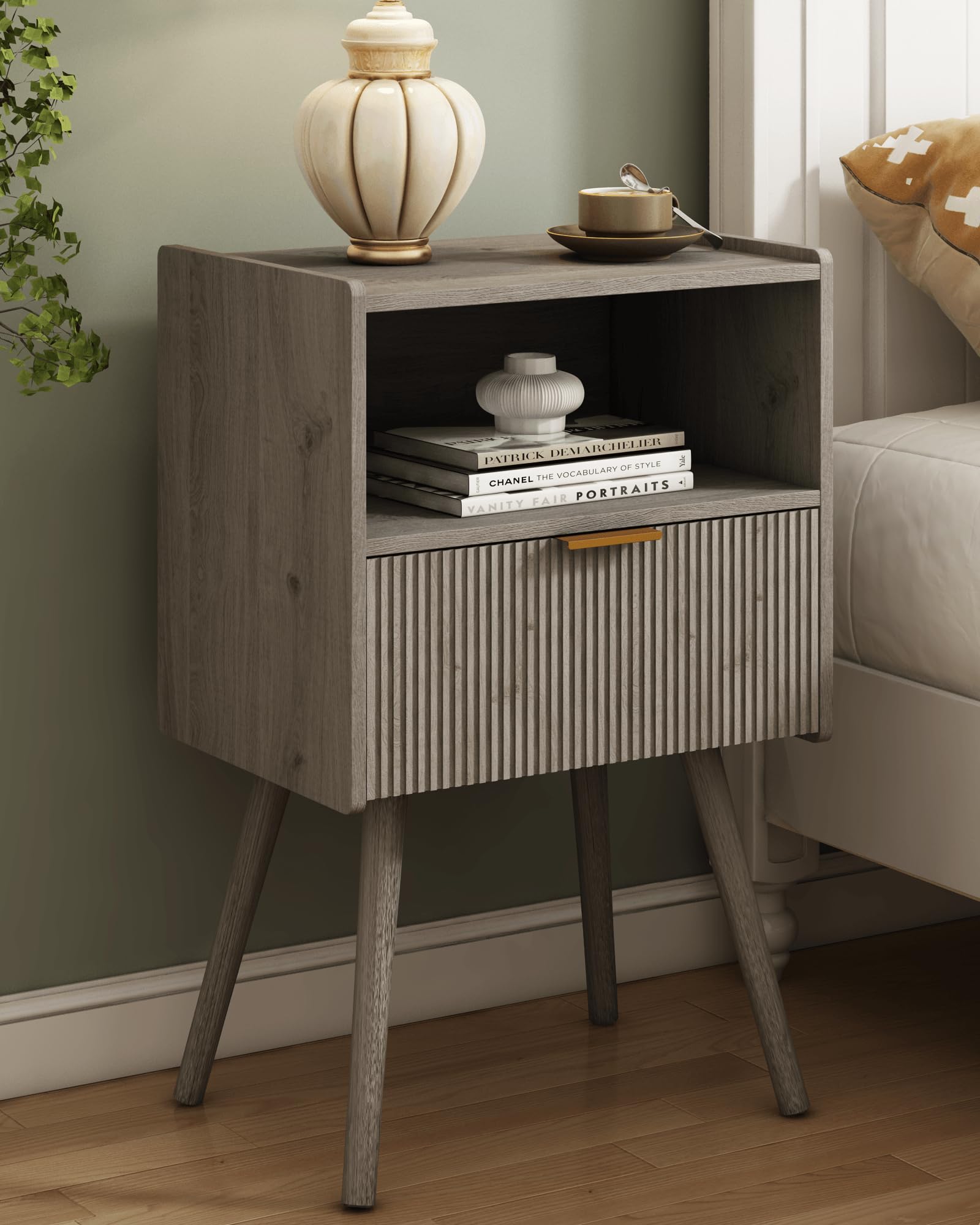 JOONEE Nightstand,Modern Bedside Table with Storage Drawer and Open Wood Shelf, for Living Room, Bedroom and Small Spaces, Accent Night Stand with Solid Wood Legs, Easy Assembly,Walnut Brown