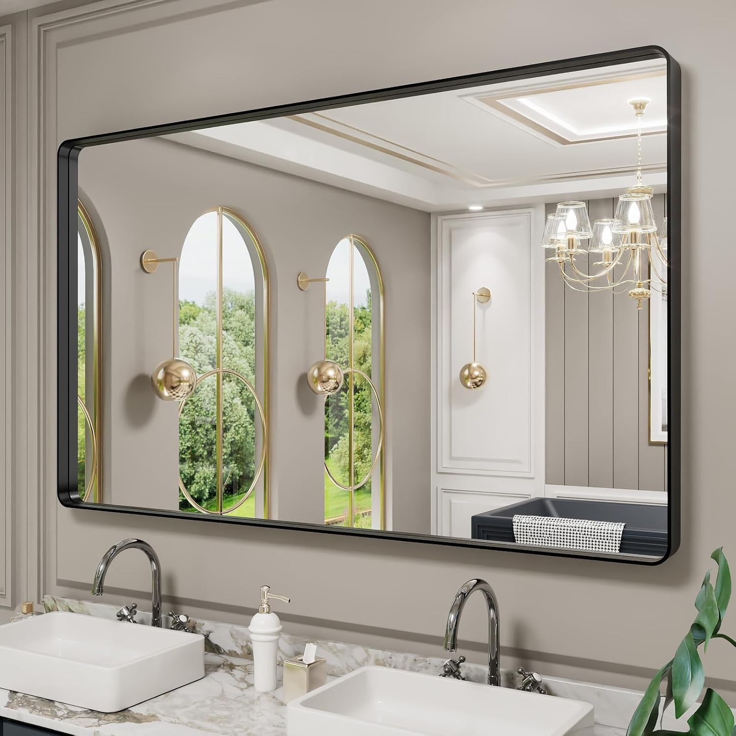 LOAAO Black Metal Framed Bathroom Mirror for Wall, 22X30 Inch Rounded Rectangle Mirror, Matte Black Bathroom Vanity Mirror Farmhouse, Anti-Rust, Hangs Horizontally or Vertically