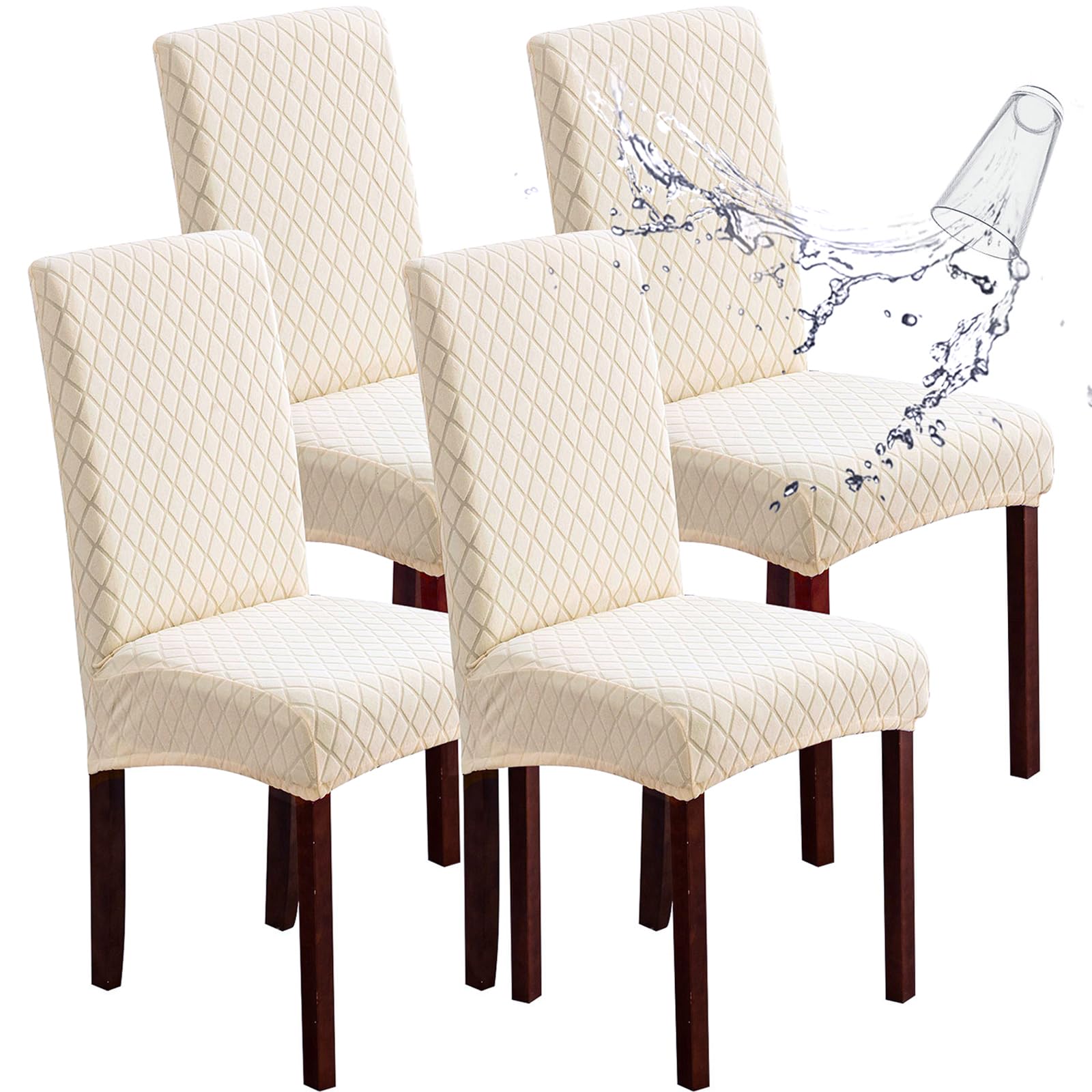 Genina 100% Waterproof Chair Covers for Dining Room Set of 4, Stretch Parson Chair Slipcovers for Kitchen Chairs, Washable Chair Protectors, Leaves-Warm Gray