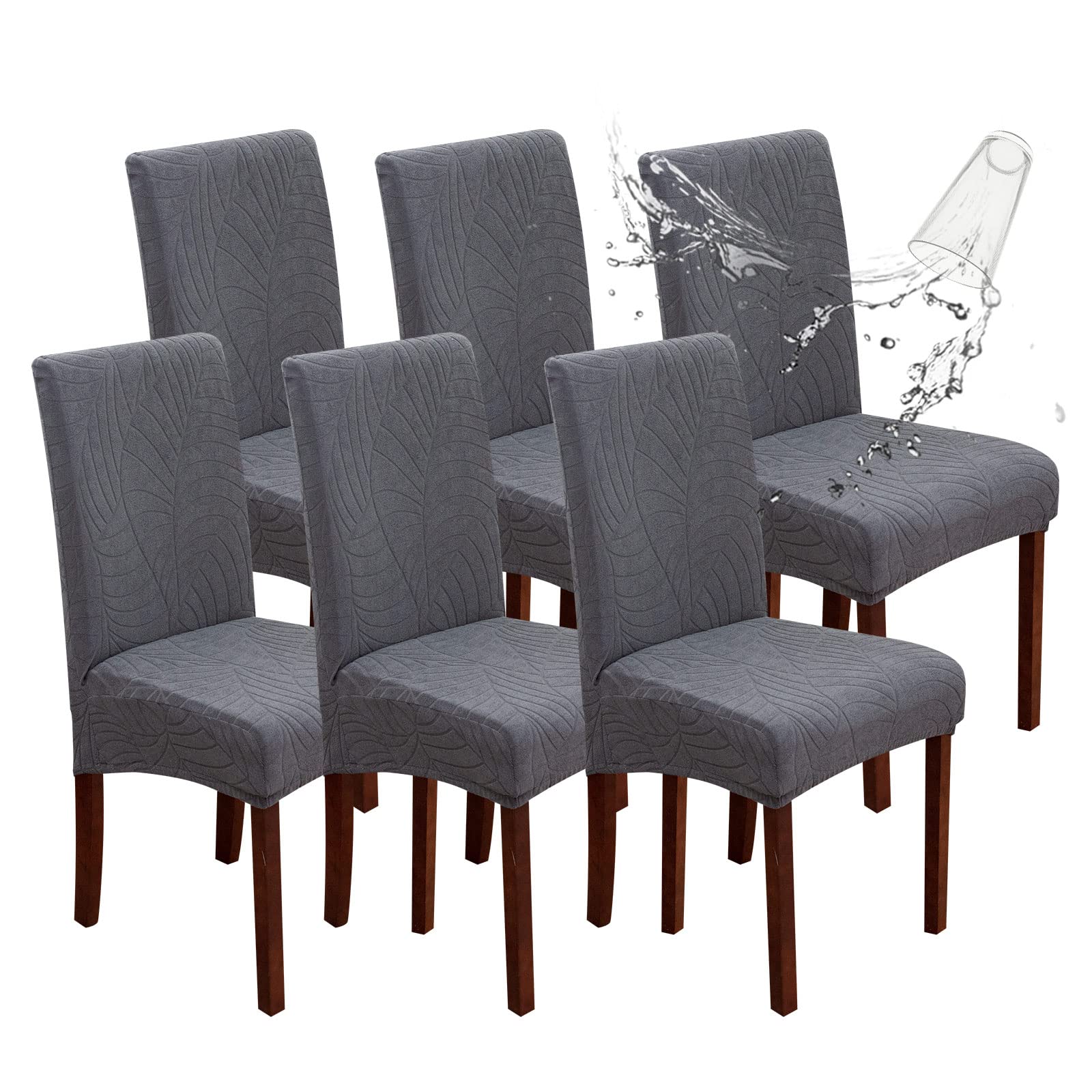 Genina 100% Waterproof Chair Covers for Dining Room Set of 4, Stretch Parson Chair Slipcovers for Kitchen Chairs, Washable Chair Protectors, Leaves-Warm Gray