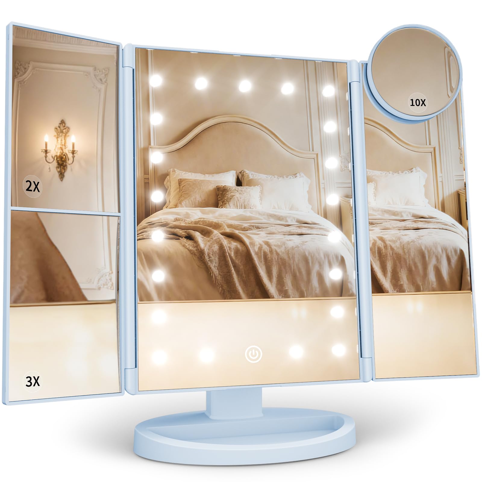 HUONUL Makeup Mirror, Vanity Mirror with Lights, 2X/3X/10X Magnification, Touch Control, Trifold, Dual Power Supply, Birthday Gifts for Women, Wife, Mom, Girls,Dorm Room Essentials