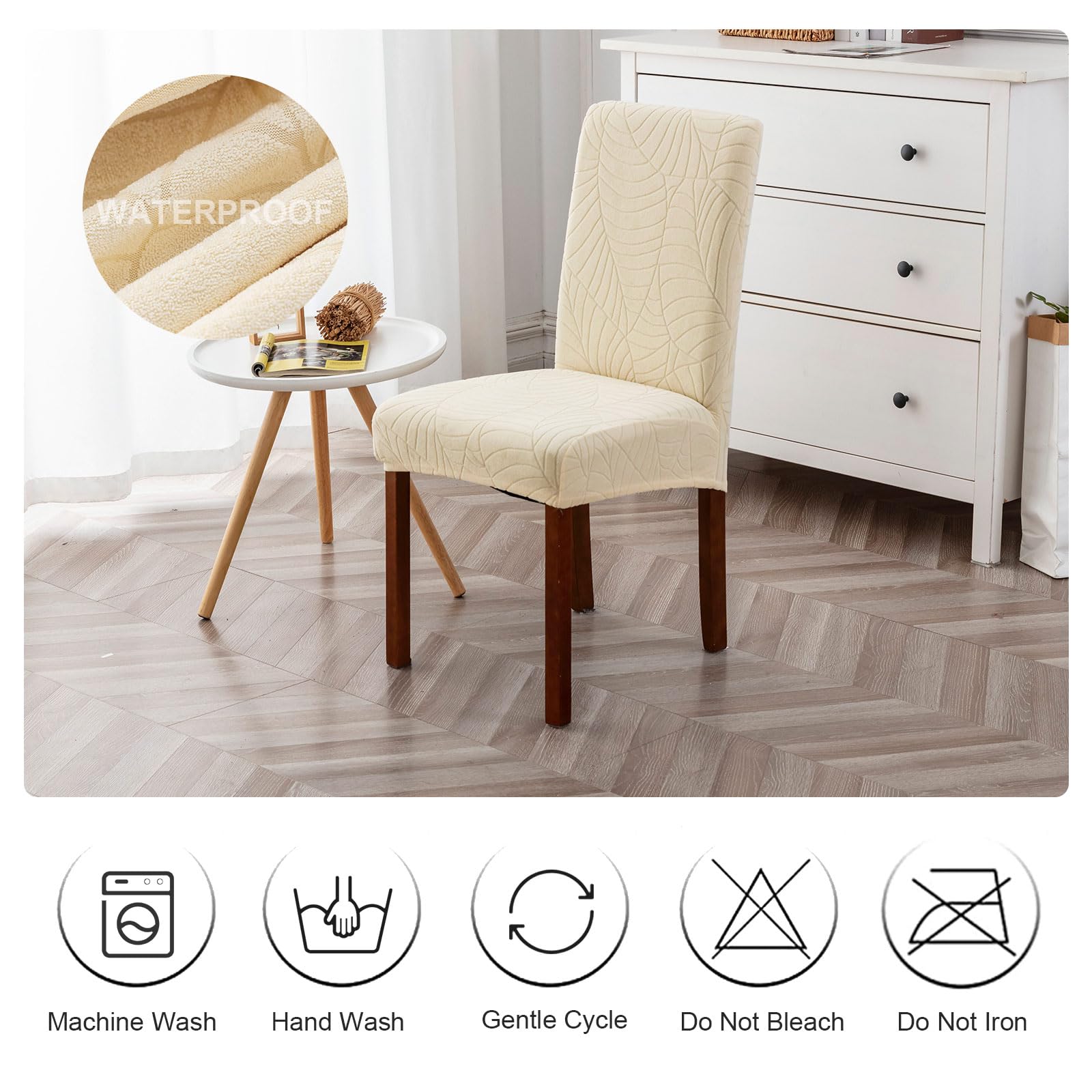 Genina 100% Waterproof Chair Covers for Dining Room Set of 4, Stretch Parson Chair Slipcovers for Kitchen Chairs, Washable Chair Protectors, Leaves-Warm Gray