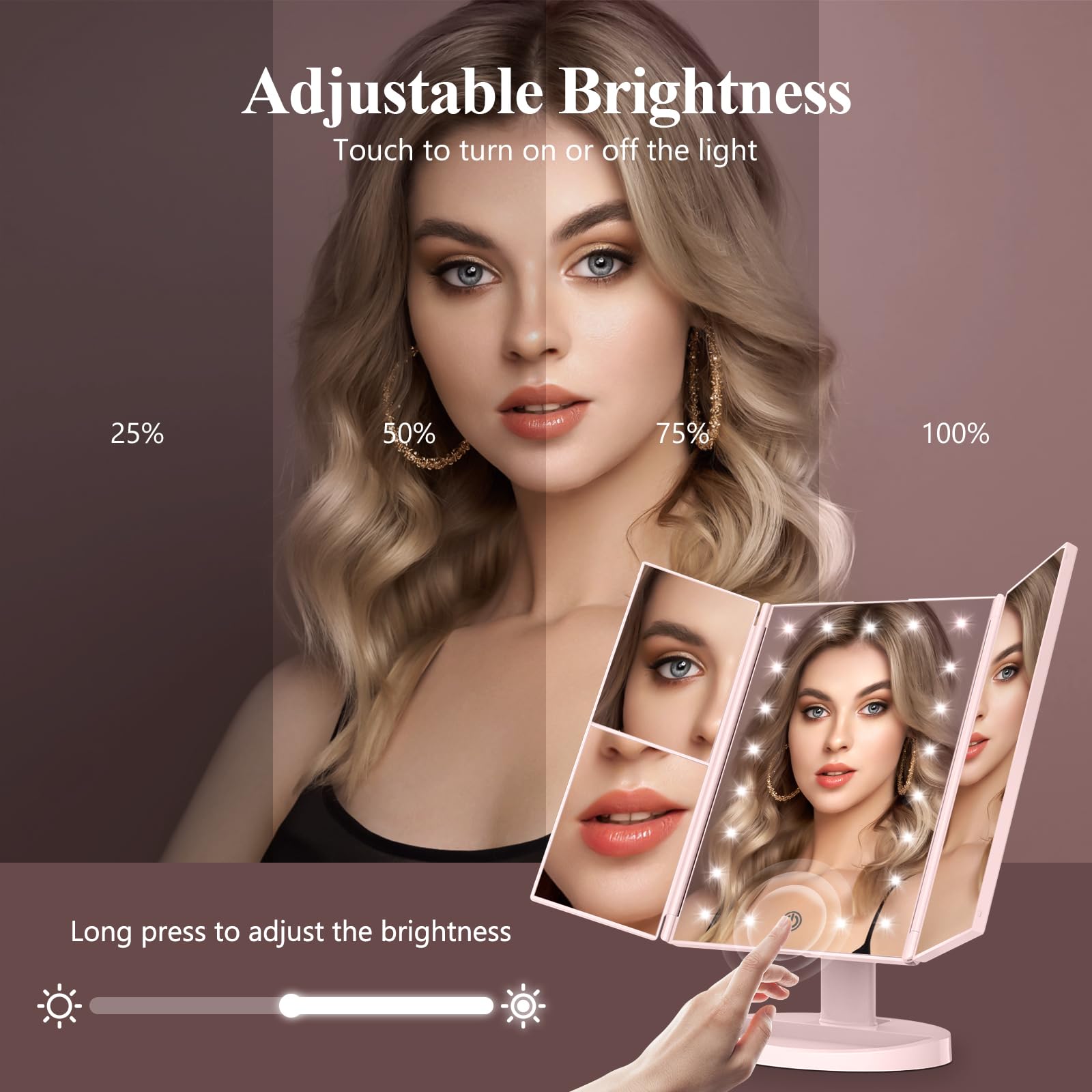 HUONUL Makeup Mirror, Vanity Mirror with Lights, 2X/3X/10X Magnification, Touch Control, Trifold, Dual Power Supply, Birthday Gifts for Women, Wife, Mom, Girls,Dorm Room Essentials