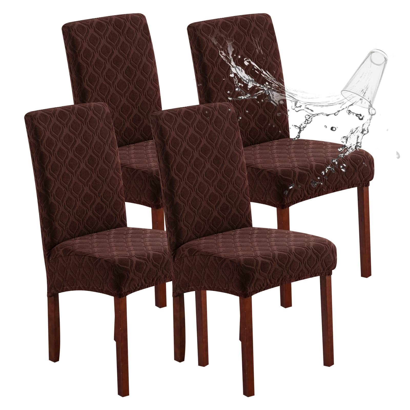 Genina 100% Waterproof Chair Covers for Dining Room Set of 4, Stretch Parson Chair Slipcovers for Kitchen Chairs, Washable Chair Protectors, Leaves-Warm Gray