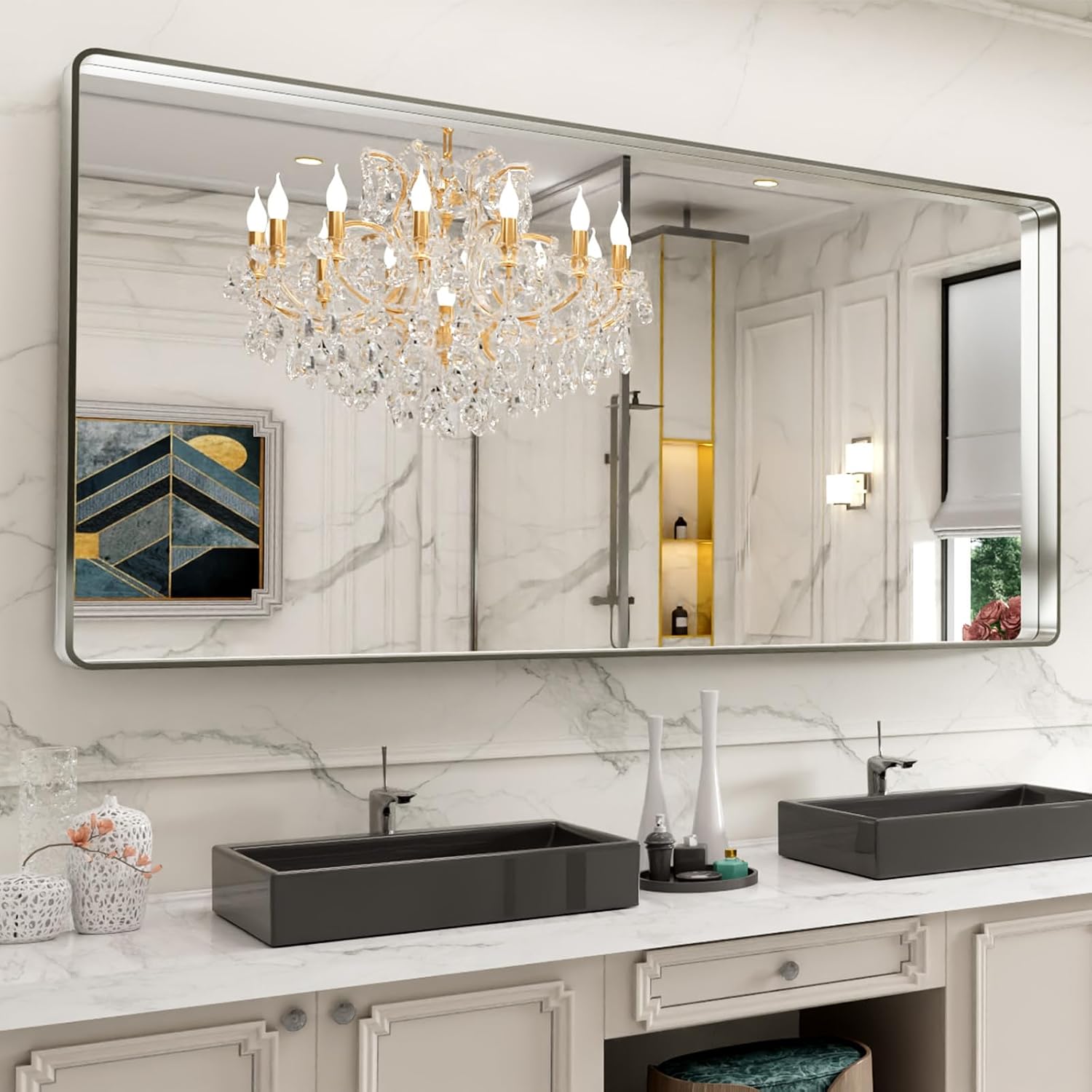 LOAAO Black Metal Framed Bathroom Mirror for Wall, 22X30 Inch Rounded Rectangle Mirror, Matte Black Bathroom Vanity Mirror Farmhouse, Anti-Rust, Hangs Horizontally or Vertically