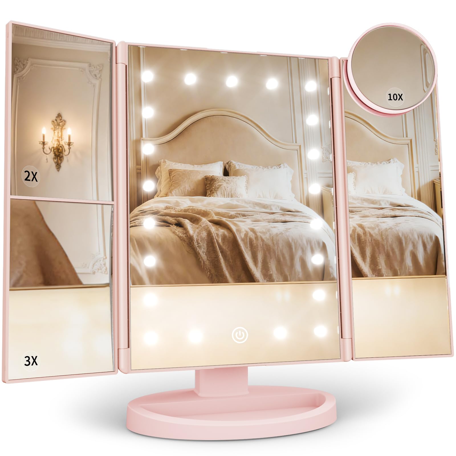 HUONUL Makeup Mirror, Vanity Mirror with Lights, 2X/3X/10X Magnification, Touch Control, Trifold, Dual Power Supply, Birthday Gifts for Women, Wife, Mom, Girls,Dorm Room Essentials