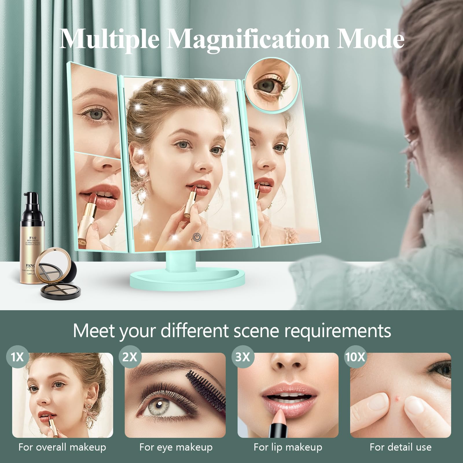 HUONUL Makeup Mirror, Vanity Mirror with Lights, 2X/3X/10X Magnification, Touch Control, Trifold, Dual Power Supply, Birthday Gifts for Women, Wife, Mom, Girls,Dorm Room Essentials