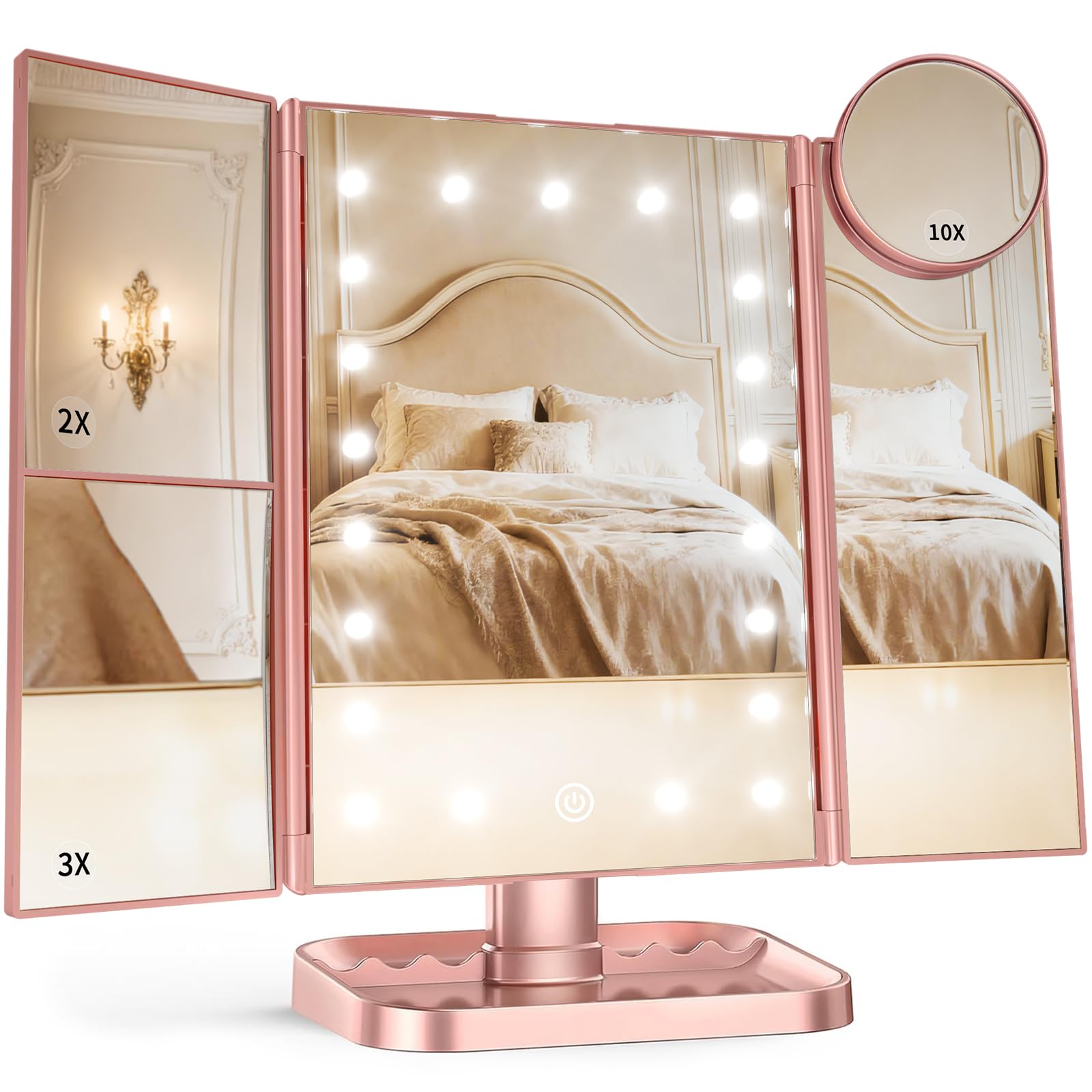HUONUL Makeup Mirror, Vanity Mirror with Lights, 2X/3X/10X Magnification, Touch Control, Trifold, Dual Power Supply, Birthday Gifts for Women, Wife, Mom, Girls,Dorm Room Essentials