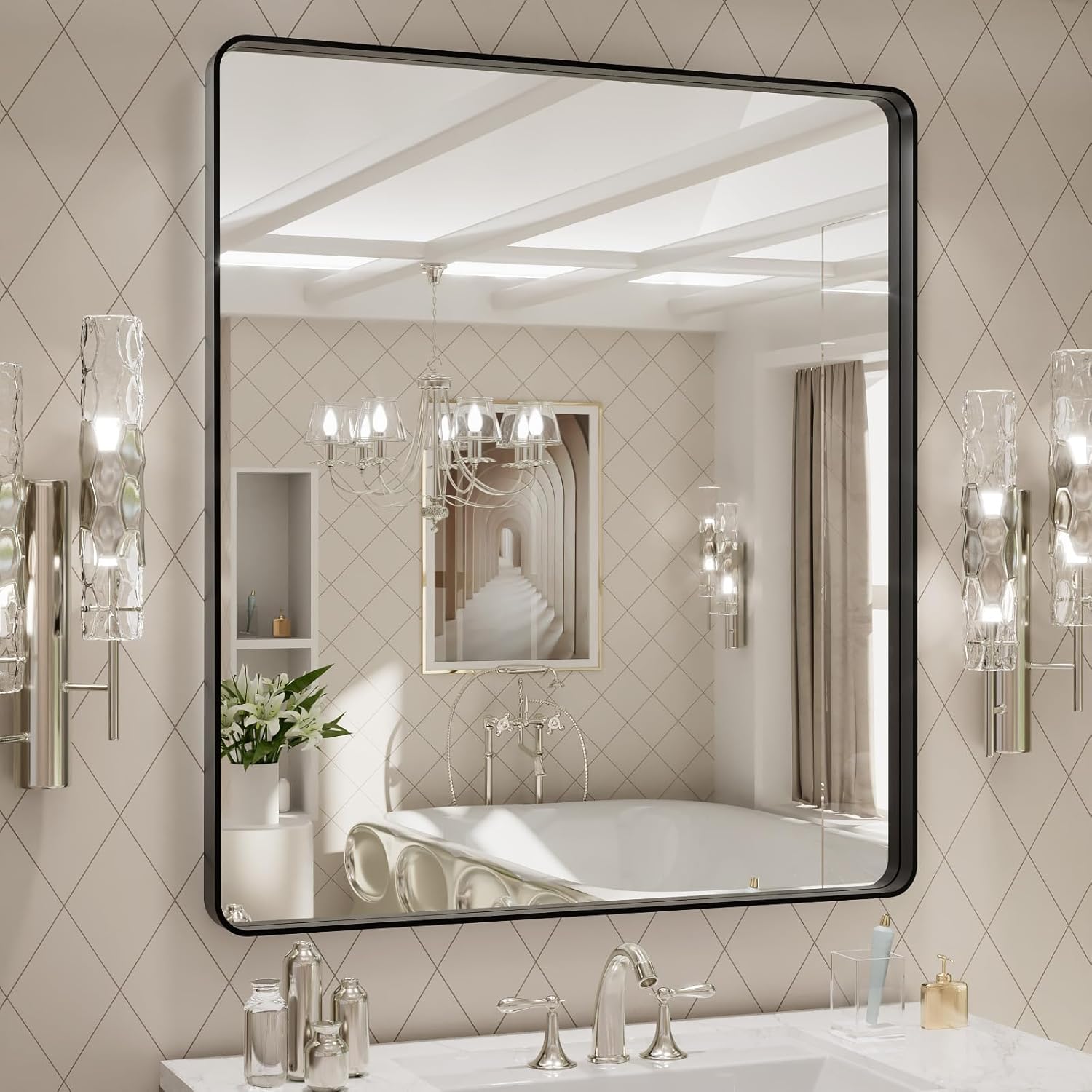 LOAAO Black Metal Framed Bathroom Mirror for Wall, 22X30 Inch Rounded Rectangle Mirror, Matte Black Bathroom Vanity Mirror Farmhouse, Anti-Rust, Hangs Horizontally or Vertically