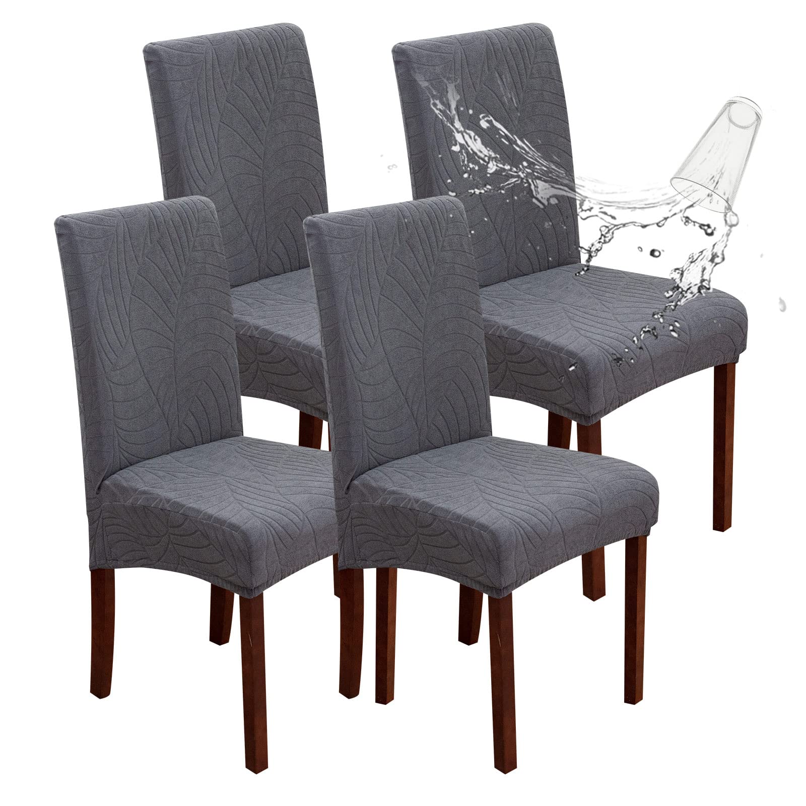 Genina 100% Waterproof Chair Covers for Dining Room Set of 4, Stretch Parson Chair Slipcovers for Kitchen Chairs, Washable Chair Protectors, Leaves-Warm Gray