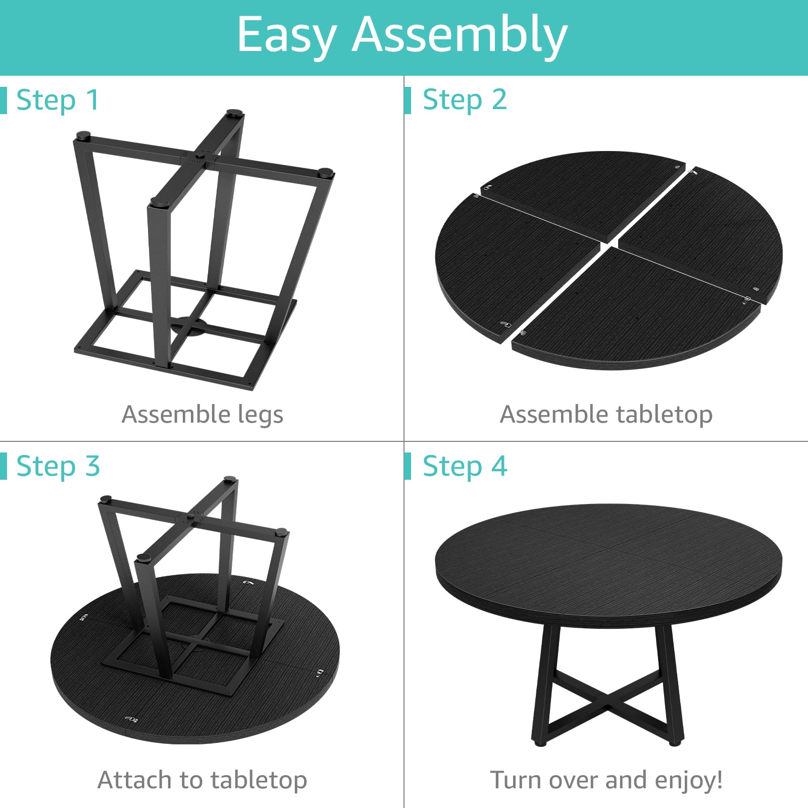 NUTIKAS 42 Inch Round Dining Table for 4, Modern Black Wood Grain Kitchen Table with Cross Metal Legs, Circular Industrial Dinner Table for Small Spaces, Breakfast Nook, Apartment, Office