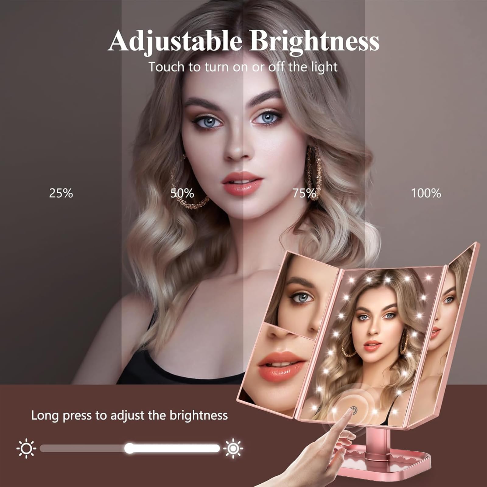 HUONUL Makeup Mirror, Vanity Mirror with Lights, 2X/3X/10X Magnification, Touch Control, Trifold, Dual Power Supply, Birthday Gifts for Women, Wife, Mom, Girls,Dorm Room Essentials