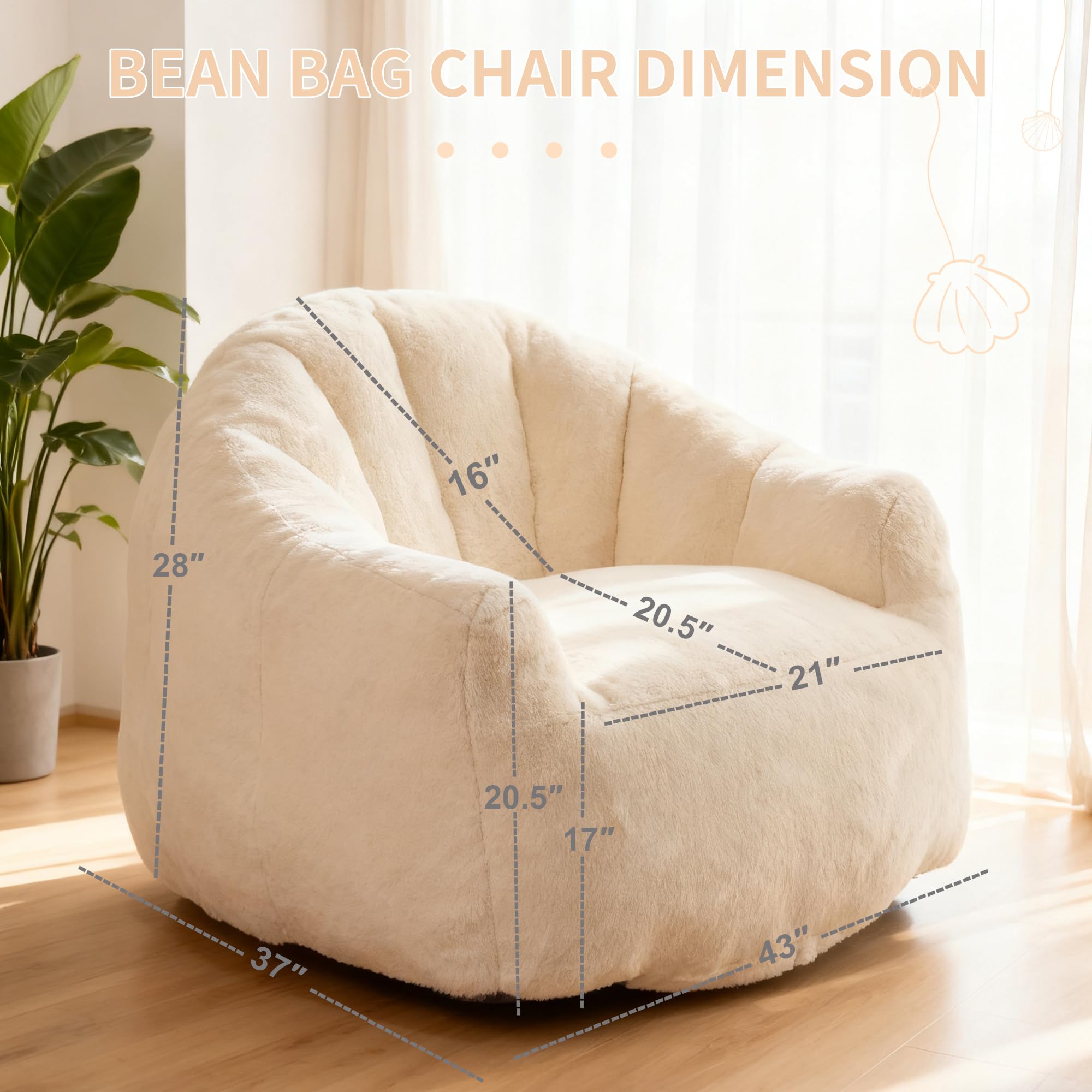 Bean Bag Chair, Giant Beanbag Chiars for Adults, Faux Fur Shell-Shaped Floor Sofa with Filler, Comfy Chair for Reading, Gaming and Relax (Grey)