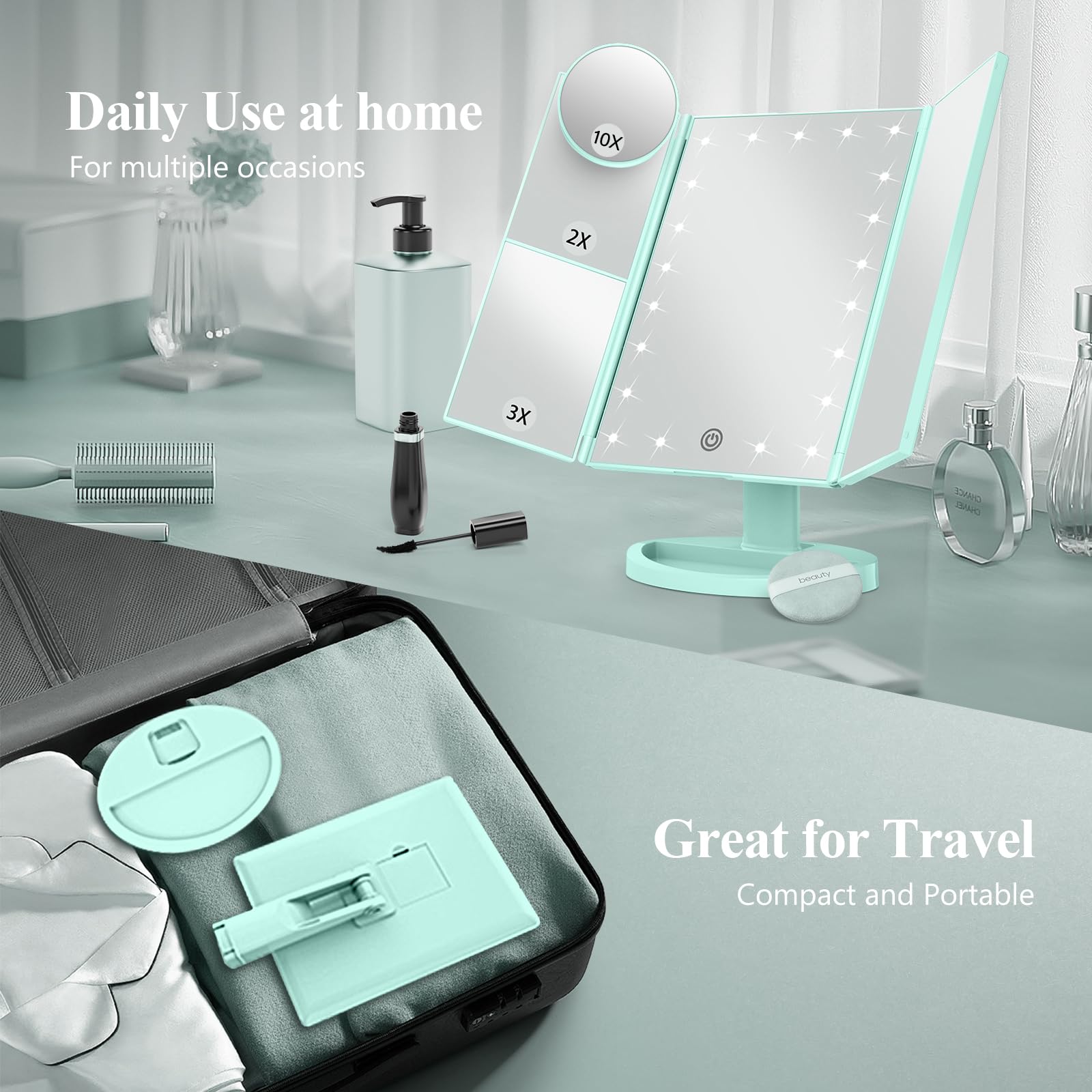 HUONUL Makeup Mirror, Vanity Mirror with Lights, 2X/3X/10X Magnification, Touch Control, Trifold, Dual Power Supply, Birthday Gifts for Women, Wife, Mom, Girls,Dorm Room Essentials