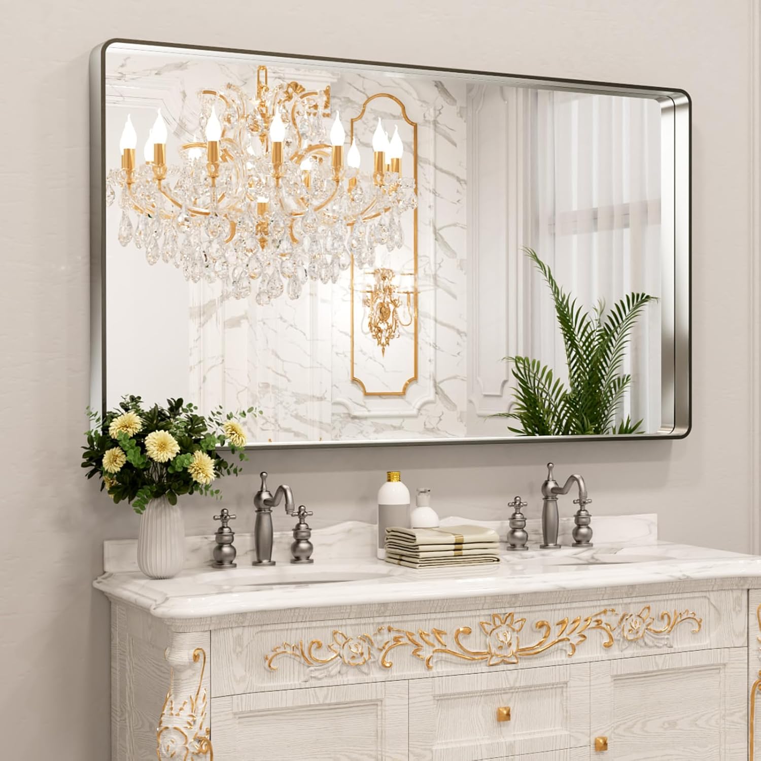 LOAAO Black Metal Framed Bathroom Mirror for Wall, 22X30 Inch Rounded Rectangle Mirror, Matte Black Bathroom Vanity Mirror Farmhouse, Anti-Rust, Hangs Horizontally or Vertically