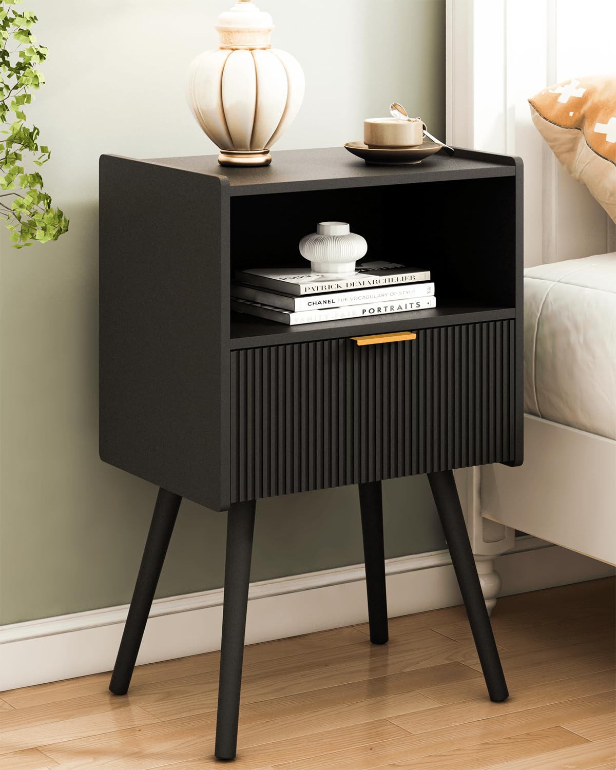 JOONEE Nightstand,Modern Bedside Table with Storage Drawer and Open Wood Shelf, for Living Room, Bedroom and Small Spaces, Accent Night Stand with Solid Wood Legs, Easy Assembly,Walnut Brown