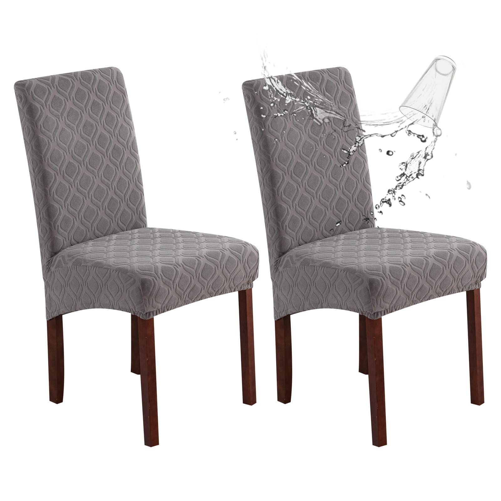 Genina 100% Waterproof Chair Covers for Dining Room Set of 4, Stretch Parson Chair Slipcovers for Kitchen Chairs, Washable Chair Protectors, Leaves-Warm Gray