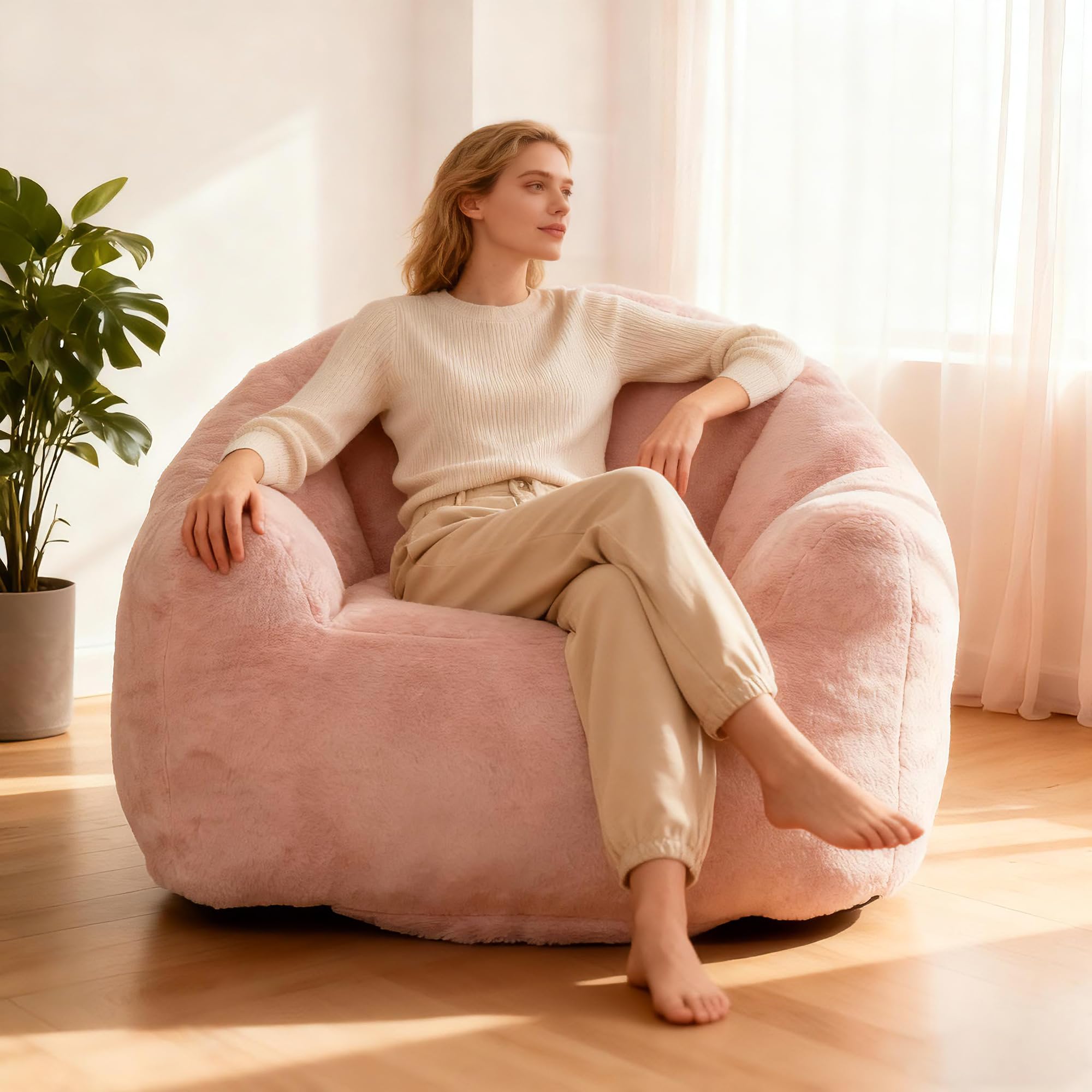 Bean Bag Chair, Giant Beanbag Chiars for Adults, Faux Fur Shell-Shaped Floor Sofa with Filler, Comfy Chair for Reading, Gaming and Relax (Grey)