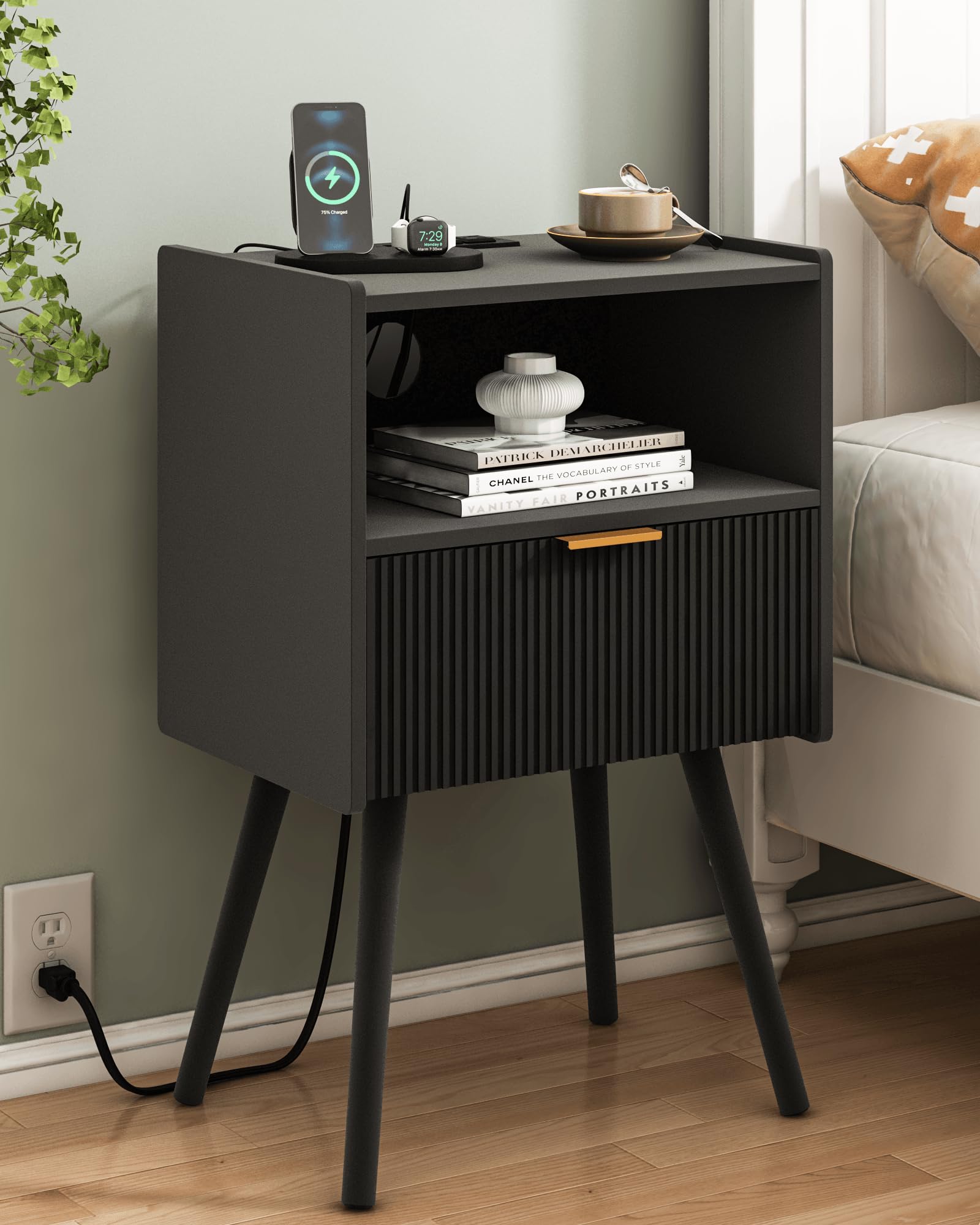 JOONEE Nightstand,Modern Bedside Table with Storage Drawer and Open Wood Shelf, for Living Room, Bedroom and Small Spaces, Accent Night Stand with Solid Wood Legs, Easy Assembly,Walnut Brown