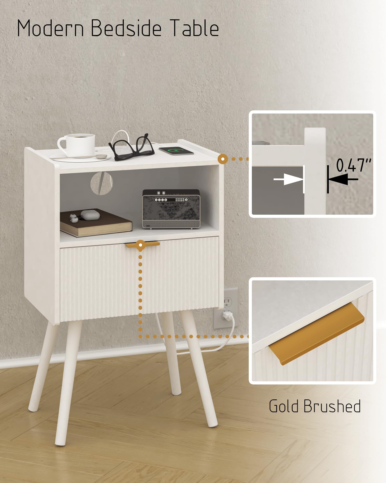 JOONEE Nightstand,Modern Bedside Table with Storage Drawer and Open Wood Shelf, for Living Room, Bedroom and Small Spaces, Accent Night Stand with Solid Wood Legs, Easy Assembly,Walnut Brown