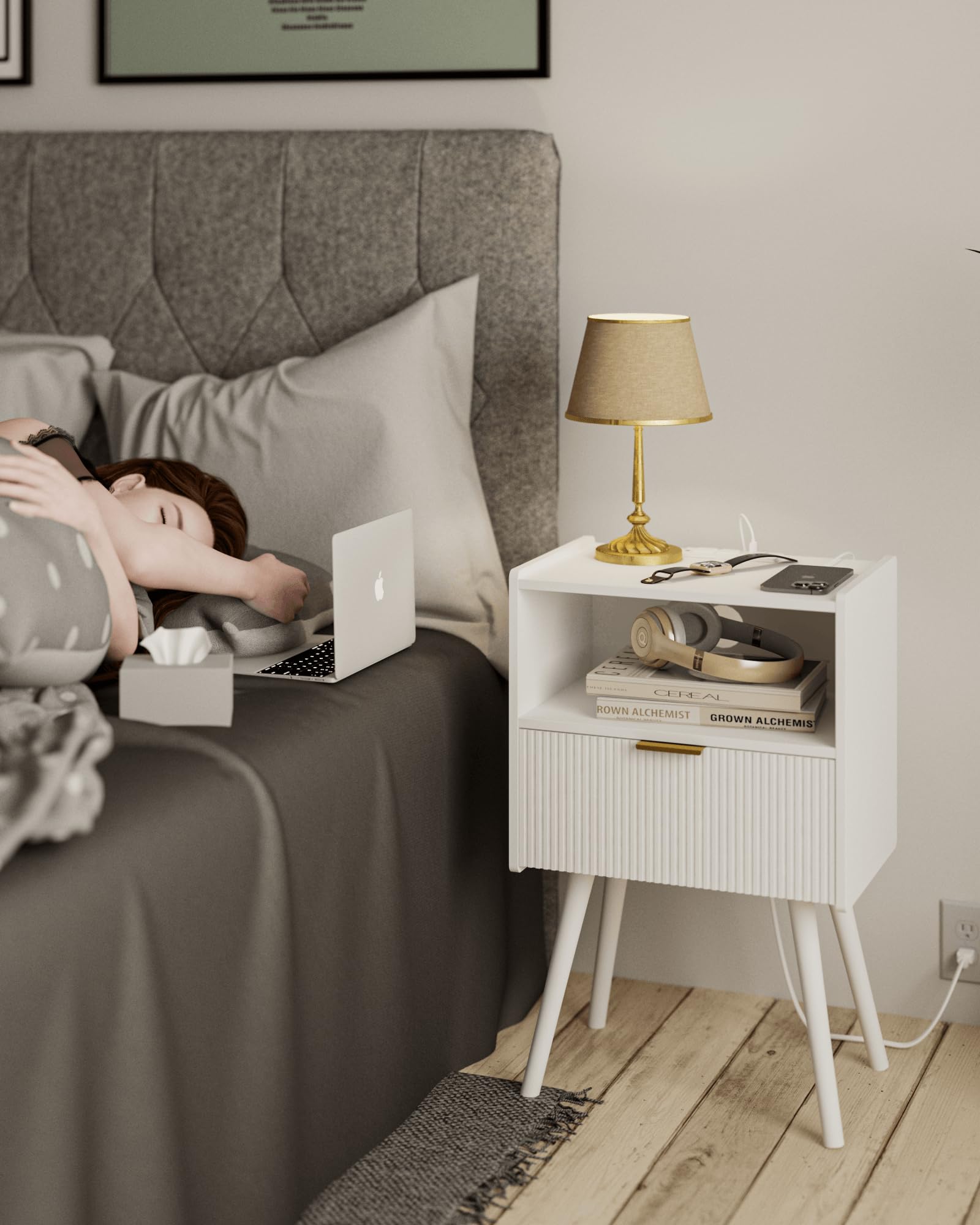 JOONEE Nightstand,Modern Bedside Table with Storage Drawer and Open Wood Shelf, for Living Room, Bedroom and Small Spaces, Accent Night Stand with Solid Wood Legs, Easy Assembly,Walnut Brown