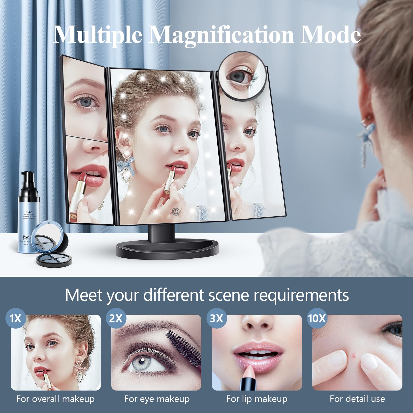 HUONUL Makeup Mirror, Vanity Mirror with Lights, 2X/3X/10X Magnification, Touch Control, Trifold, Dual Power Supply, Birthday Gifts for Women, Wife, Mom, Girls,Dorm Room Essentials