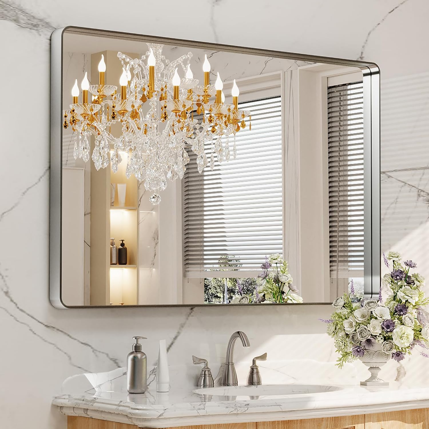 LOAAO Black Metal Framed Bathroom Mirror for Wall, 22X30 Inch Rounded Rectangle Mirror, Matte Black Bathroom Vanity Mirror Farmhouse, Anti-Rust, Hangs Horizontally or Vertically