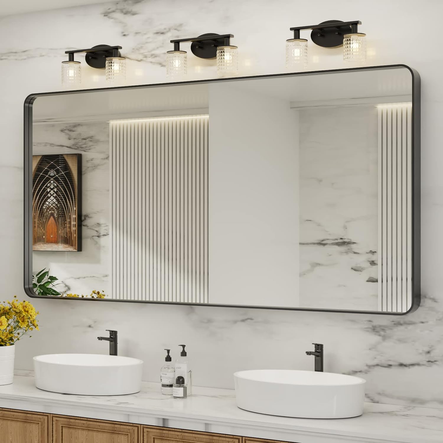LOAAO Black Metal Framed Bathroom Mirror for Wall, 22X30 Inch Rounded Rectangle Mirror, Matte Black Bathroom Vanity Mirror Farmhouse, Anti-Rust, Hangs Horizontally or Vertically
