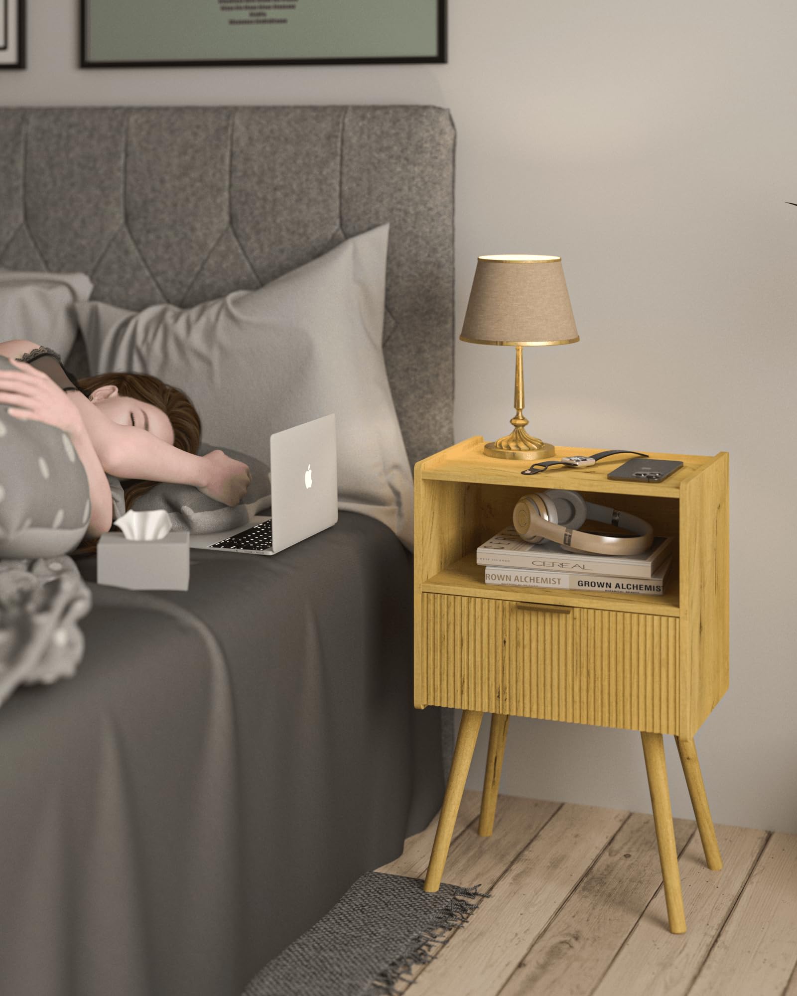 JOONEE Nightstand,Modern Bedside Table with Storage Drawer and Open Wood Shelf, for Living Room, Bedroom and Small Spaces, Accent Night Stand with Solid Wood Legs, Easy Assembly,Walnut Brown