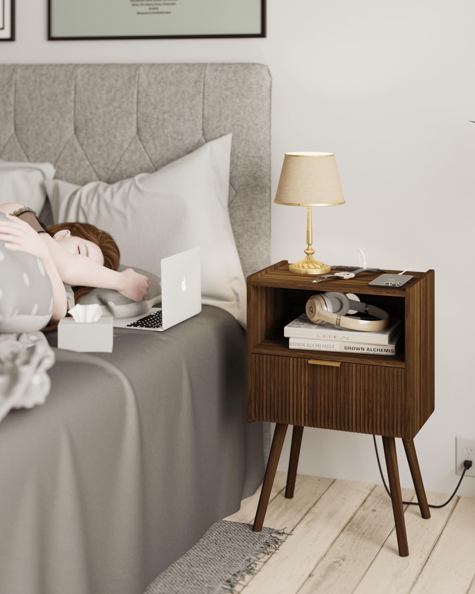 JOONEE Nightstand,Modern Bedside Table with Storage Drawer and Open Wood Shelf, for Living Room, Bedroom and Small Spaces, Accent Night Stand with Solid Wood Legs, Easy Assembly,Walnut Brown