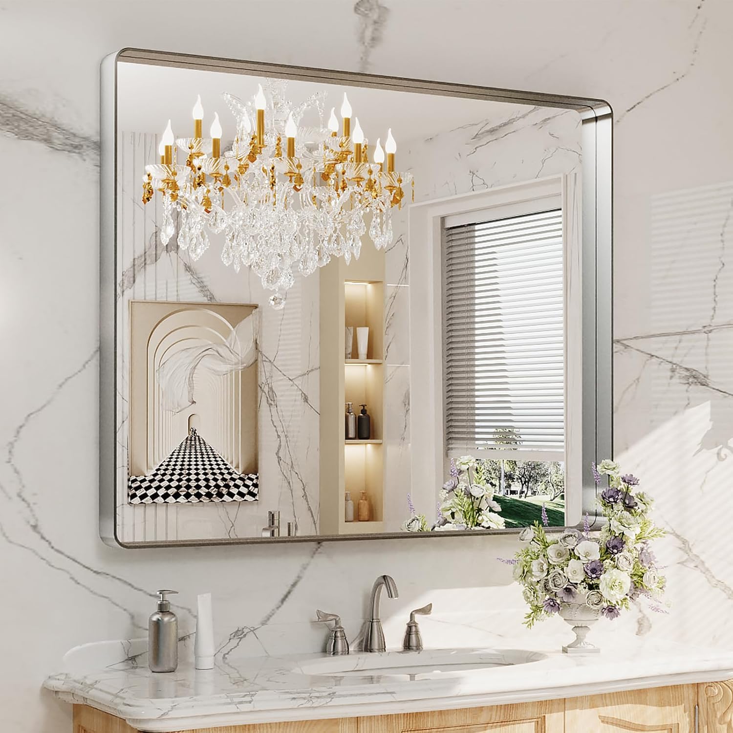 LOAAO Black Metal Framed Bathroom Mirror for Wall, 22X30 Inch Rounded Rectangle Mirror, Matte Black Bathroom Vanity Mirror Farmhouse, Anti-Rust, Hangs Horizontally or Vertically