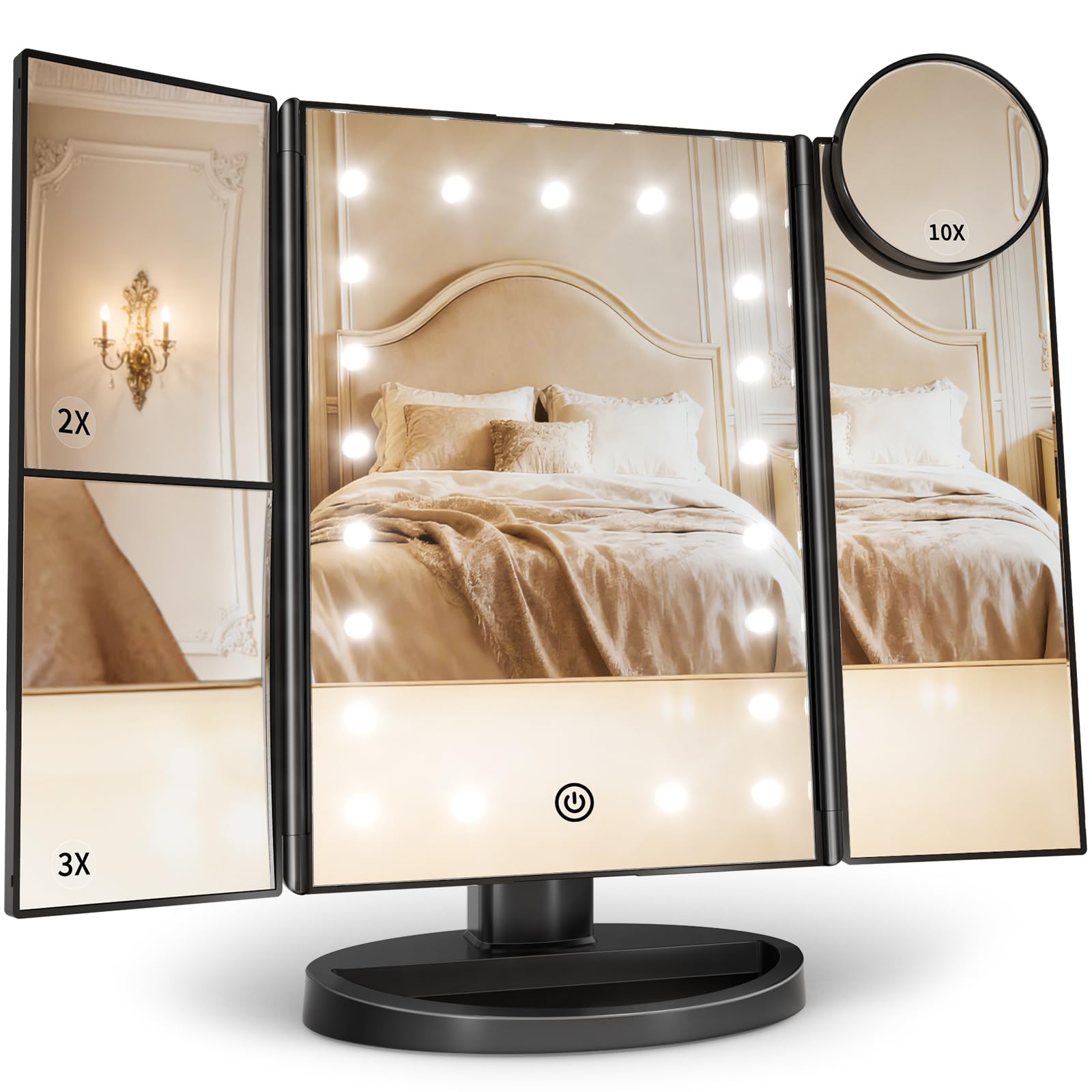 HUONUL Makeup Mirror, Vanity Mirror with Lights, 2X/3X/10X Magnification, Touch Control, Trifold, Dual Power Supply, Birthday Gifts for Women, Wife, Mom, Girls,Dorm Room Essentials