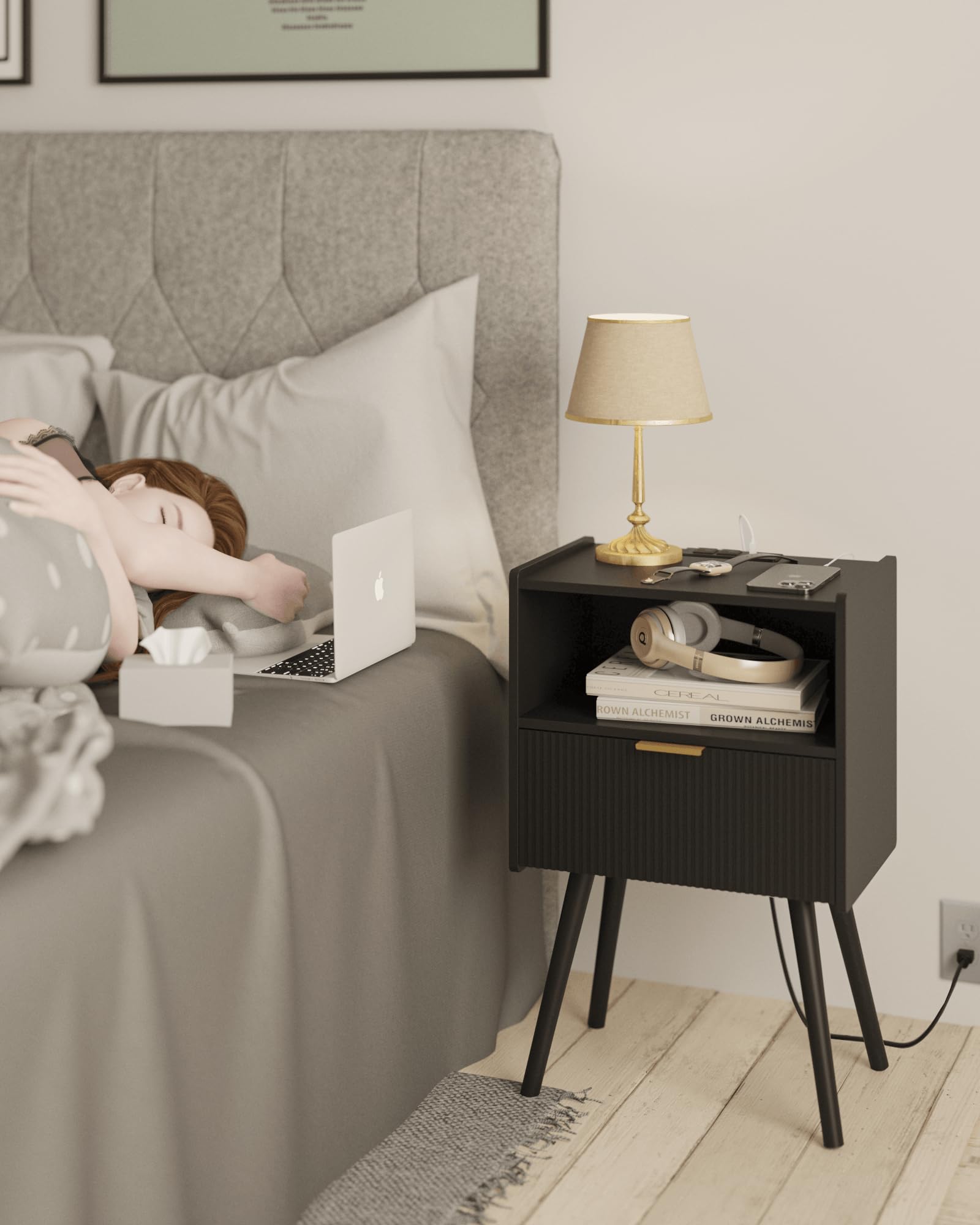 JOONEE Nightstand,Modern Bedside Table with Storage Drawer and Open Wood Shelf, for Living Room, Bedroom and Small Spaces, Accent Night Stand with Solid Wood Legs, Easy Assembly,Walnut Brown