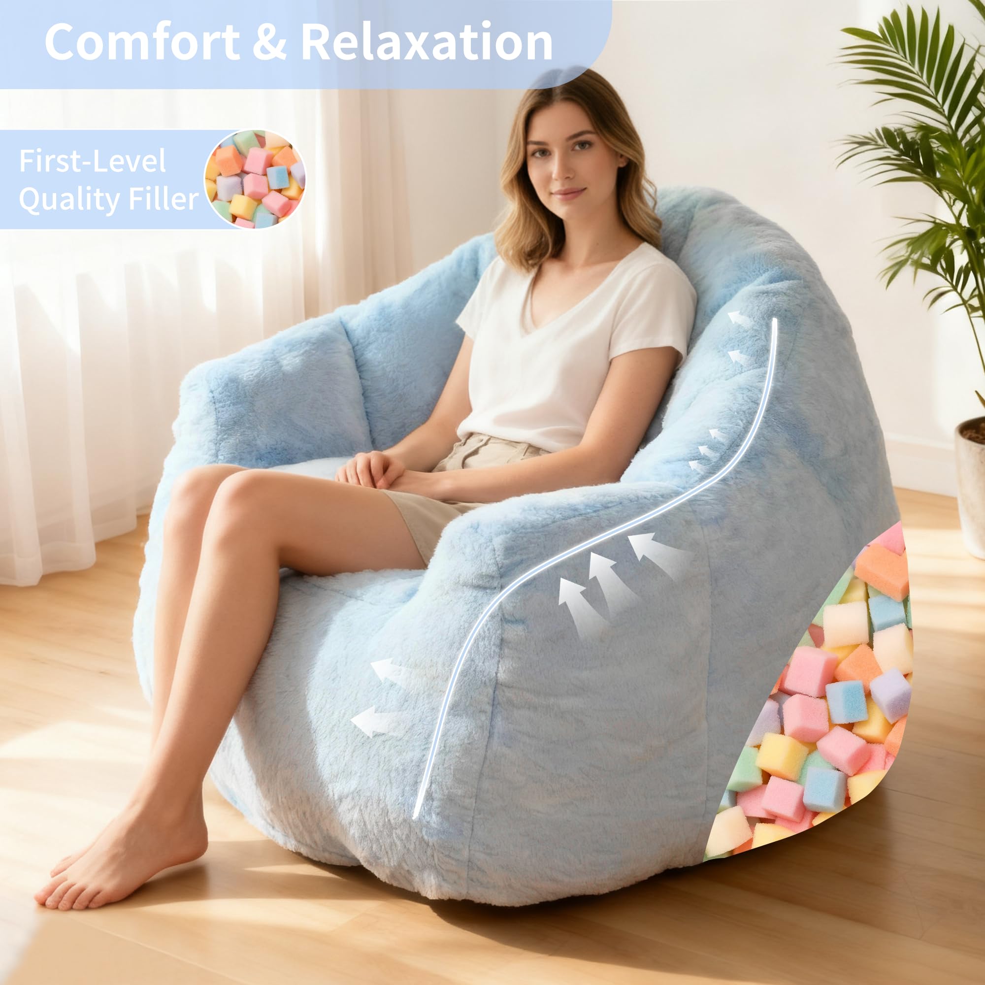 Bean Bag Chair, Giant Beanbag Chiars for Adults, Faux Fur Shell-Shaped Floor Sofa with Filler, Comfy Chair for Reading, Gaming and Relax (Grey)