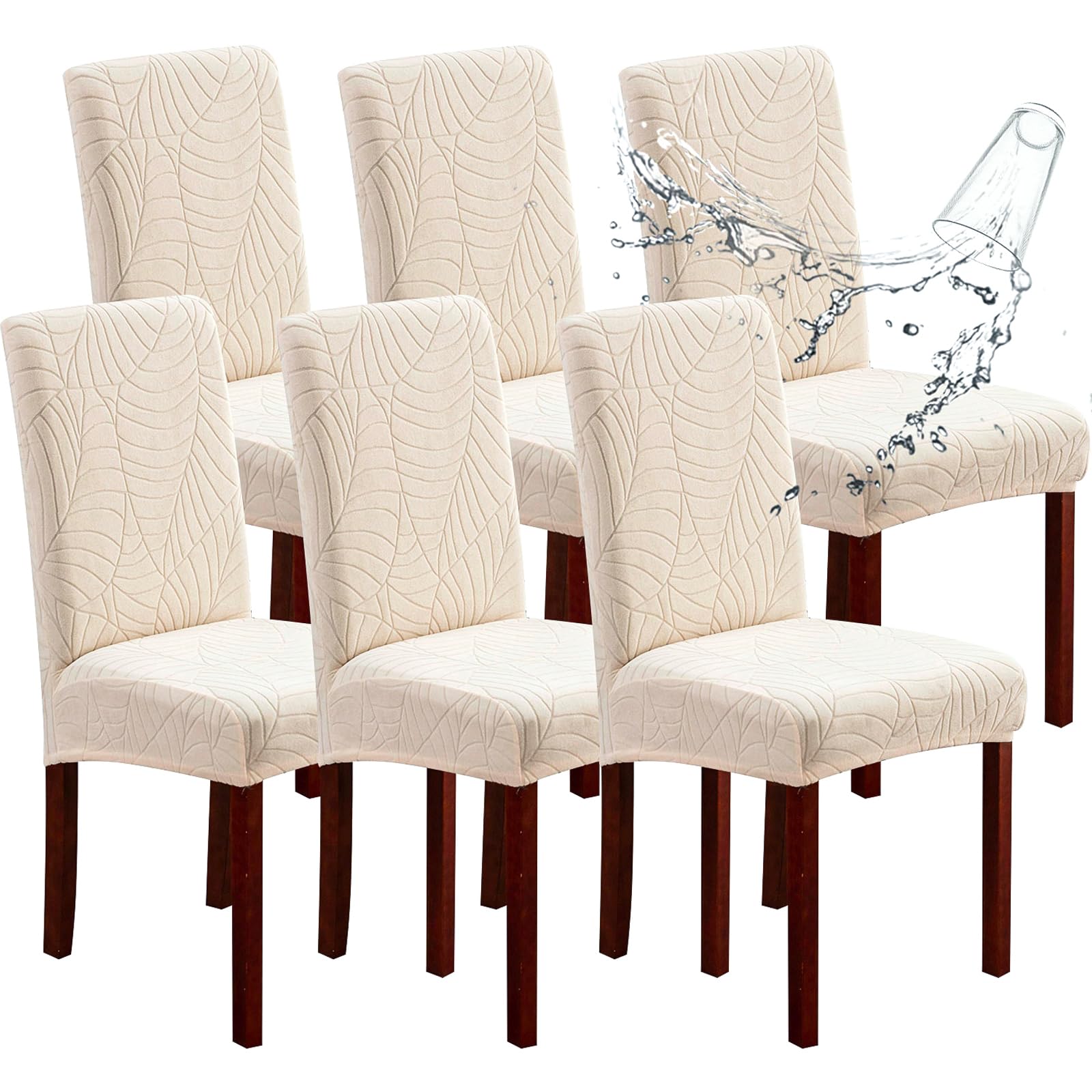 Genina 100% Waterproof Chair Covers for Dining Room Set of 4, Stretch Parson Chair Slipcovers for Kitchen Chairs, Washable Chair Protectors, Leaves-Warm Gray