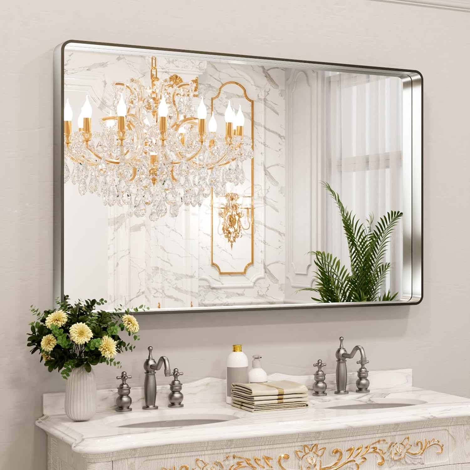LOAAO Black Metal Framed Bathroom Mirror for Wall, 22X30 Inch Rounded Rectangle Mirror, Matte Black Bathroom Vanity Mirror Farmhouse, Anti-Rust, Hangs Horizontally or Vertically