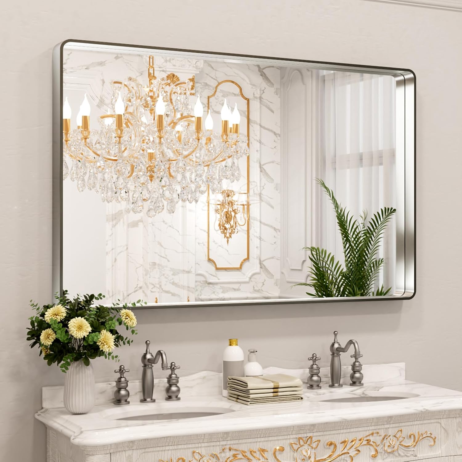 LOAAO Black Metal Framed Bathroom Mirror for Wall, 22X30 Inch Rounded Rectangle Mirror, Matte Black Bathroom Vanity Mirror Farmhouse, Anti-Rust, Hangs Horizontally or Vertically