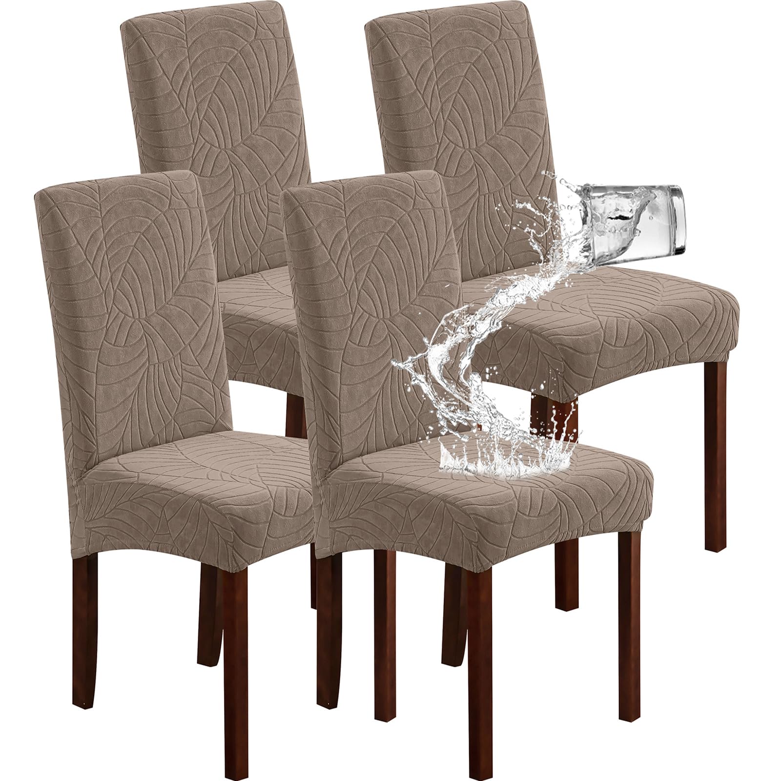 Genina 100% Waterproof Chair Covers for Dining Room Set of 4, Stretch Parson Chair Slipcovers for Kitchen Chairs, Washable Chair Protectors, Leaves-Warm Gray