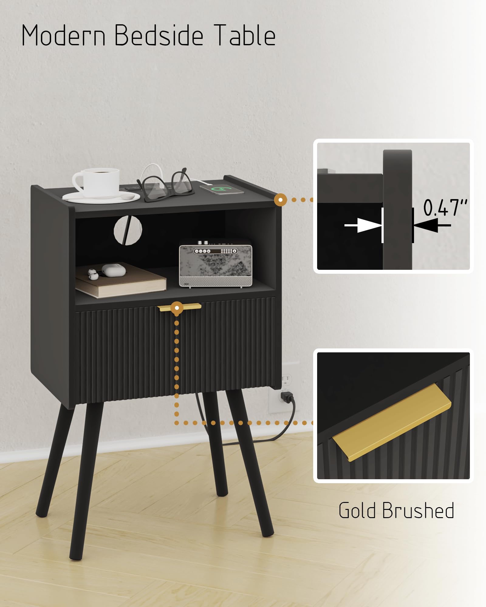 JOONEE Nightstand,Modern Bedside Table with Storage Drawer and Open Wood Shelf, for Living Room, Bedroom and Small Spaces, Accent Night Stand with Solid Wood Legs, Easy Assembly,Walnut Brown
