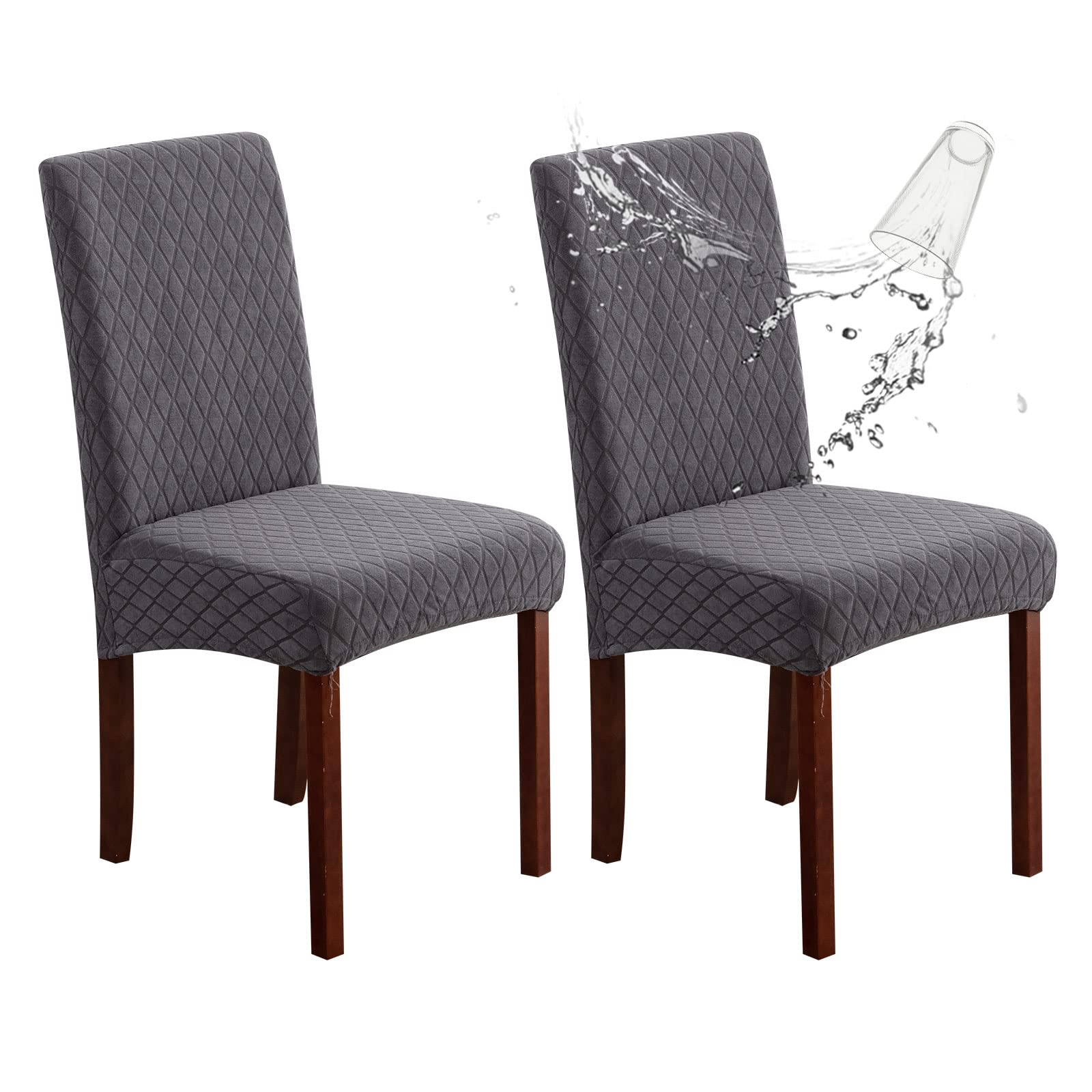 Genina 100% Waterproof Chair Covers for Dining Room Set of 4, Stretch Parson Chair Slipcovers for Kitchen Chairs, Washable Chair Protectors, Leaves-Warm Gray