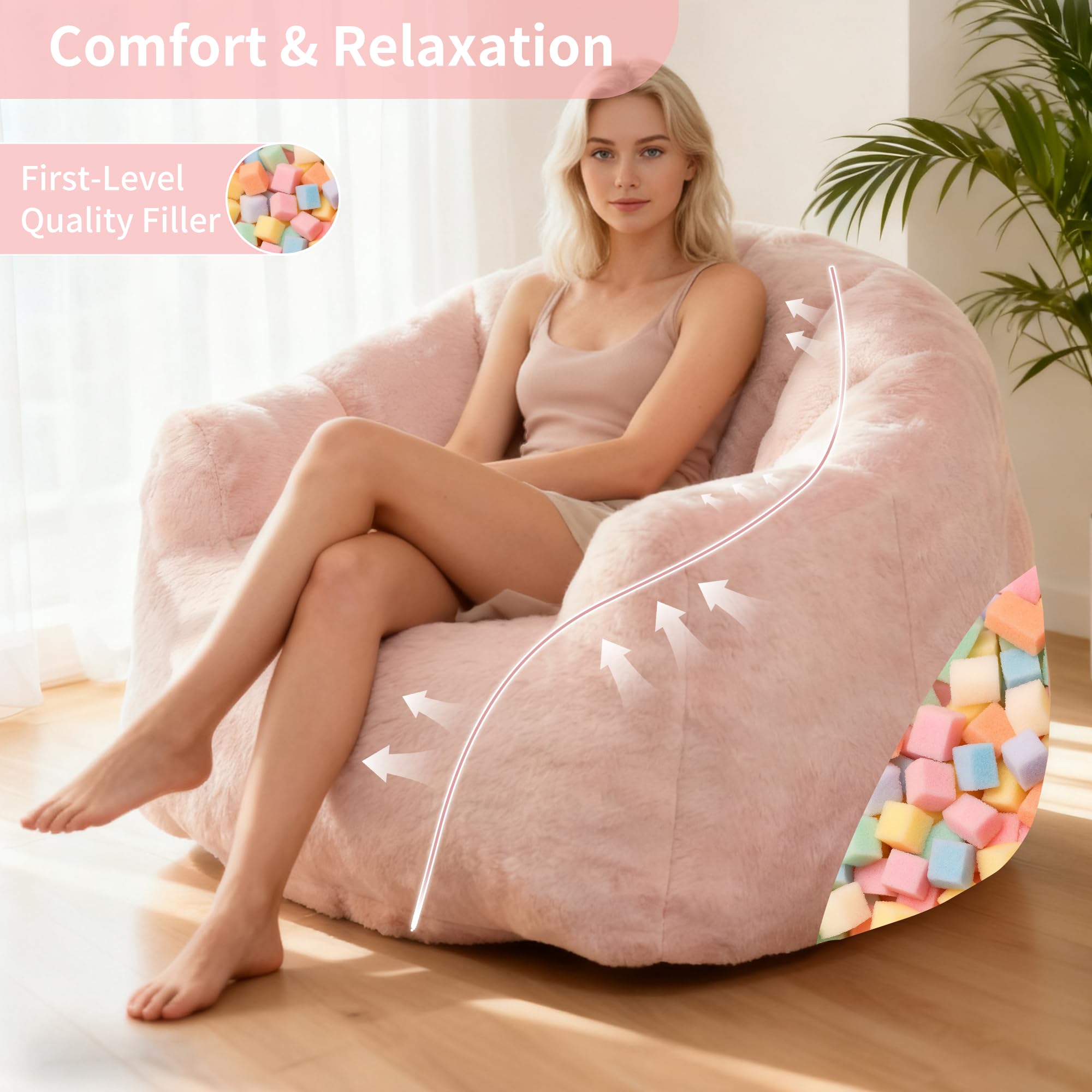 Bean Bag Chair, Giant Beanbag Chiars for Adults, Faux Fur Shell-Shaped Floor Sofa with Filler, Comfy Chair for Reading, Gaming and Relax (Grey)