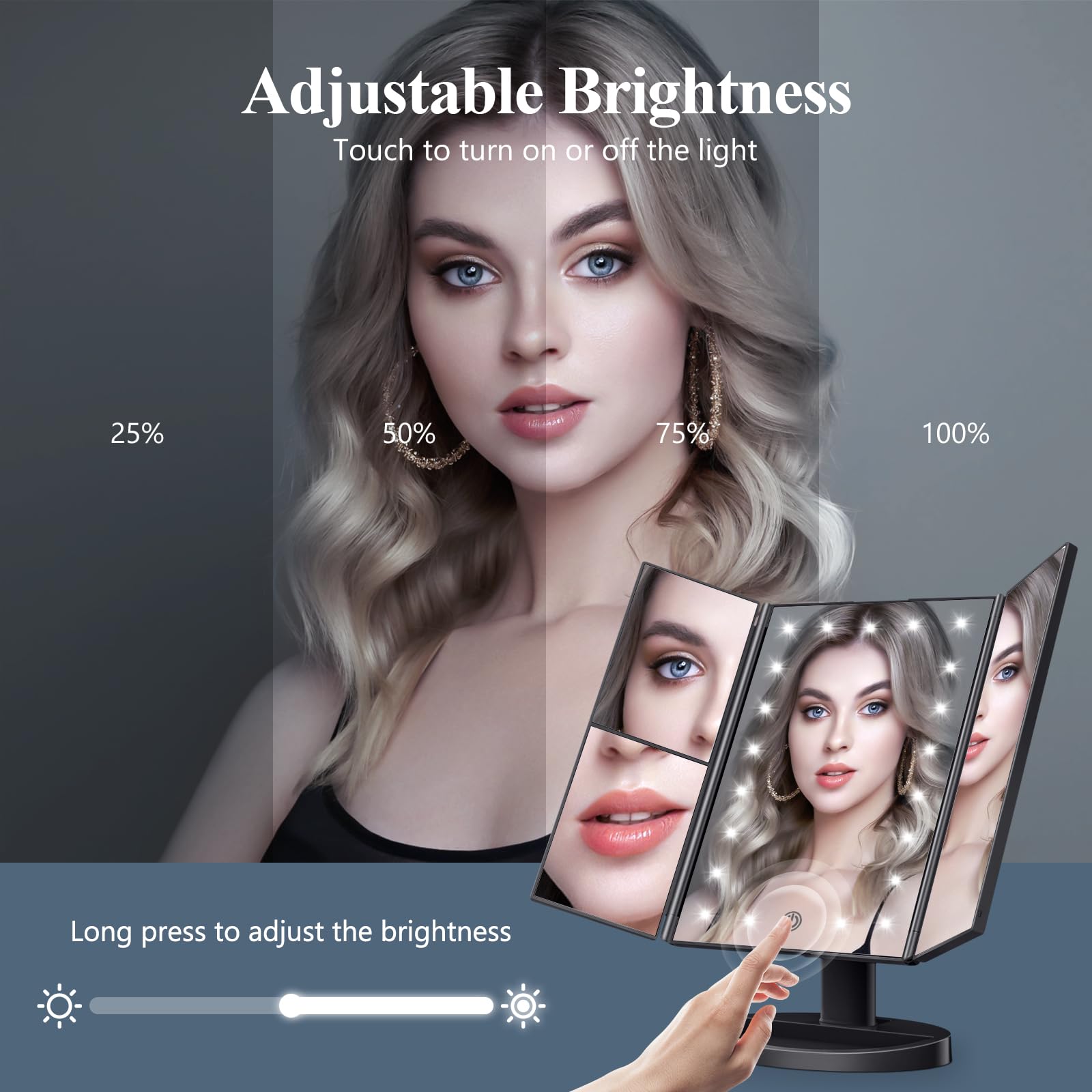 HUONUL Makeup Mirror, Vanity Mirror with Lights, 2X/3X/10X Magnification, Touch Control, Trifold, Dual Power Supply, Birthday Gifts for Women, Wife, Mom, Girls,Dorm Room Essentials
