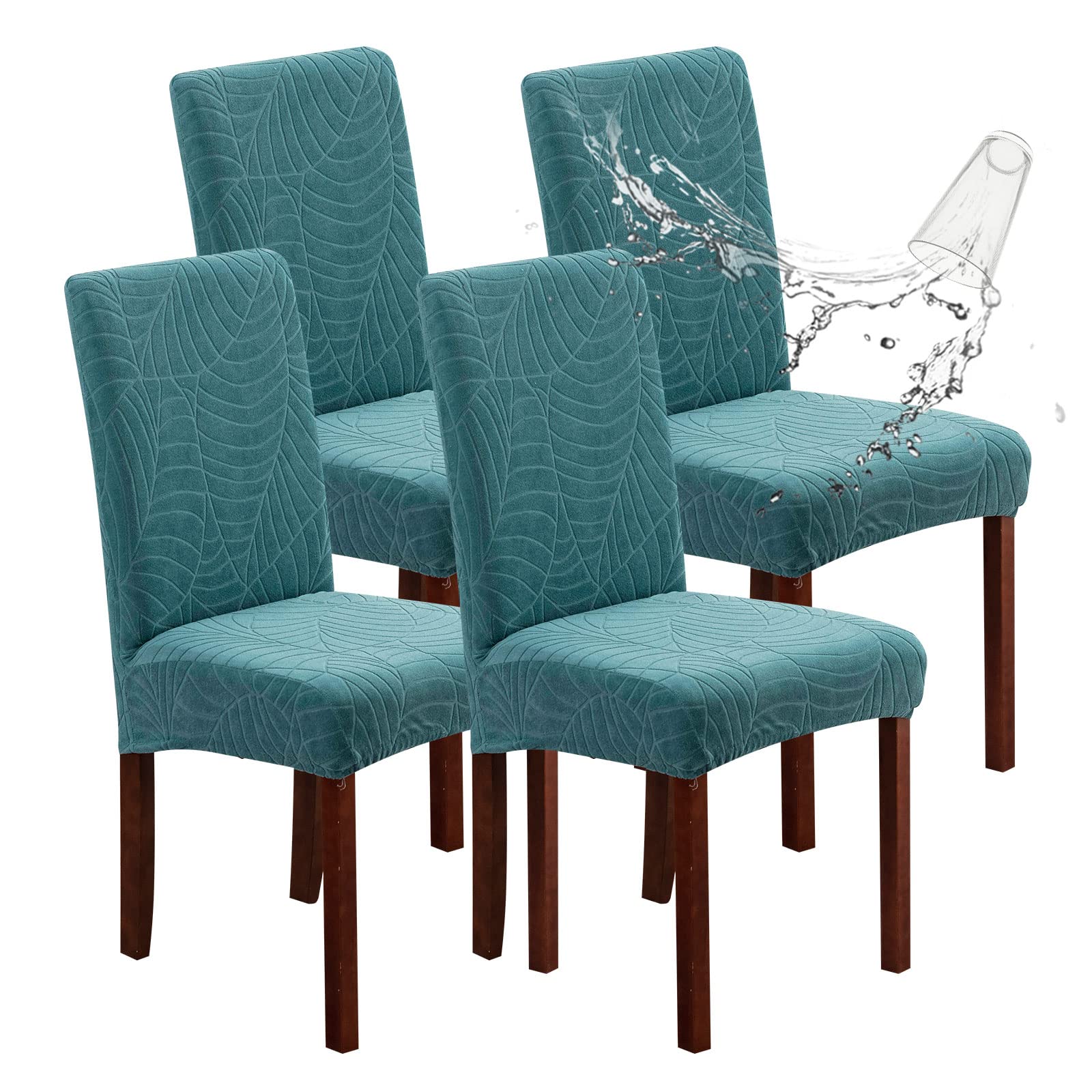 Genina 100% Waterproof Chair Covers for Dining Room Set of 4, Stretch Parson Chair Slipcovers for Kitchen Chairs, Washable Chair Protectors, Leaves-Warm Gray