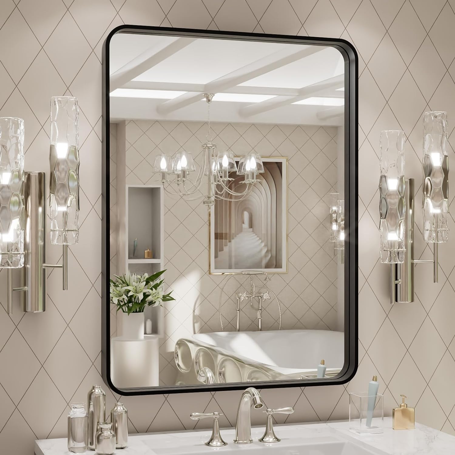 LOAAO Black Metal Framed Bathroom Mirror for Wall, 22X30 Inch Rounded Rectangle Mirror, Matte Black Bathroom Vanity Mirror Farmhouse, Anti-Rust, Hangs Horizontally or Vertically