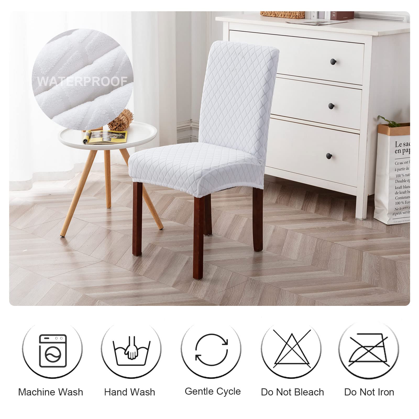 Genina 100% Waterproof Chair Covers for Dining Room Set of 4, Stretch Parson Chair Slipcovers for Kitchen Chairs, Washable Chair Protectors, Leaves-Warm Gray