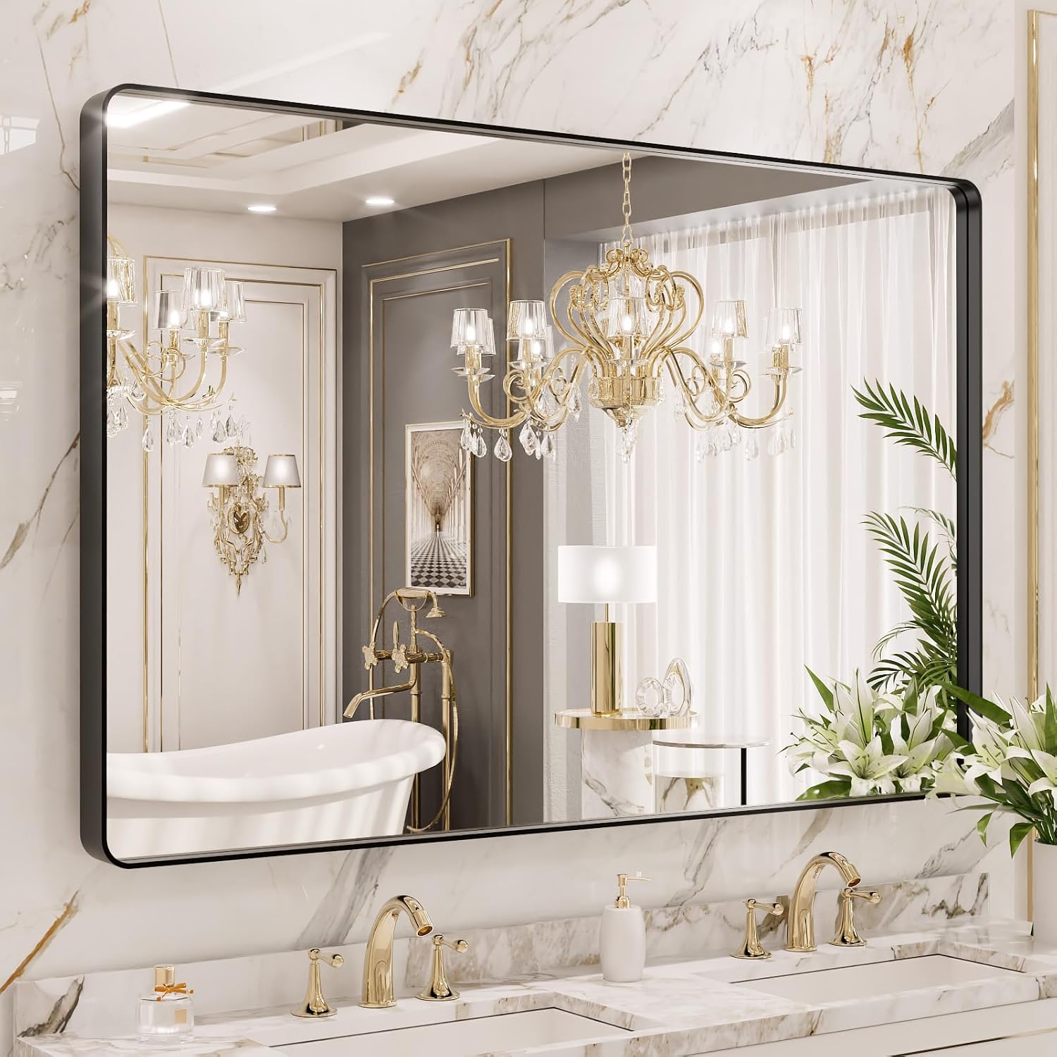 LOAAO Black Metal Framed Bathroom Mirror for Wall, 22X30 Inch Rounded Rectangle Mirror, Matte Black Bathroom Vanity Mirror Farmhouse, Anti-Rust, Hangs Horizontally or Vertically